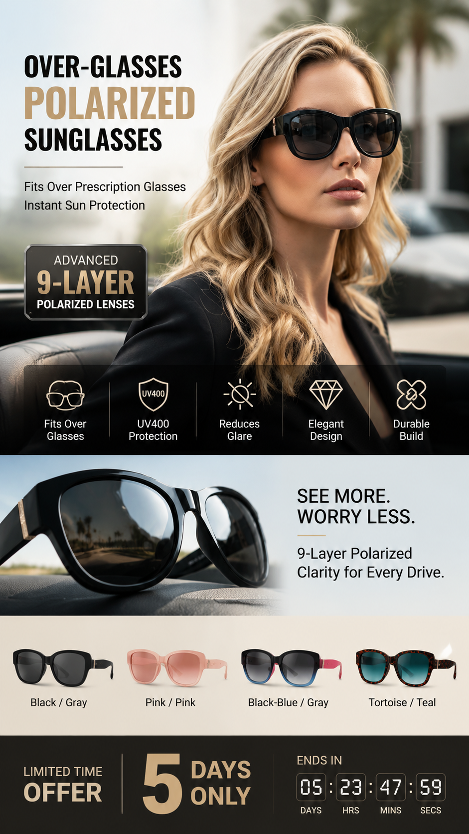 Glasses wearers: these oversized sunglasses slide right over your own glasses and make you look like a movie star—no expensive clip-ons, no fiddling with lenses!