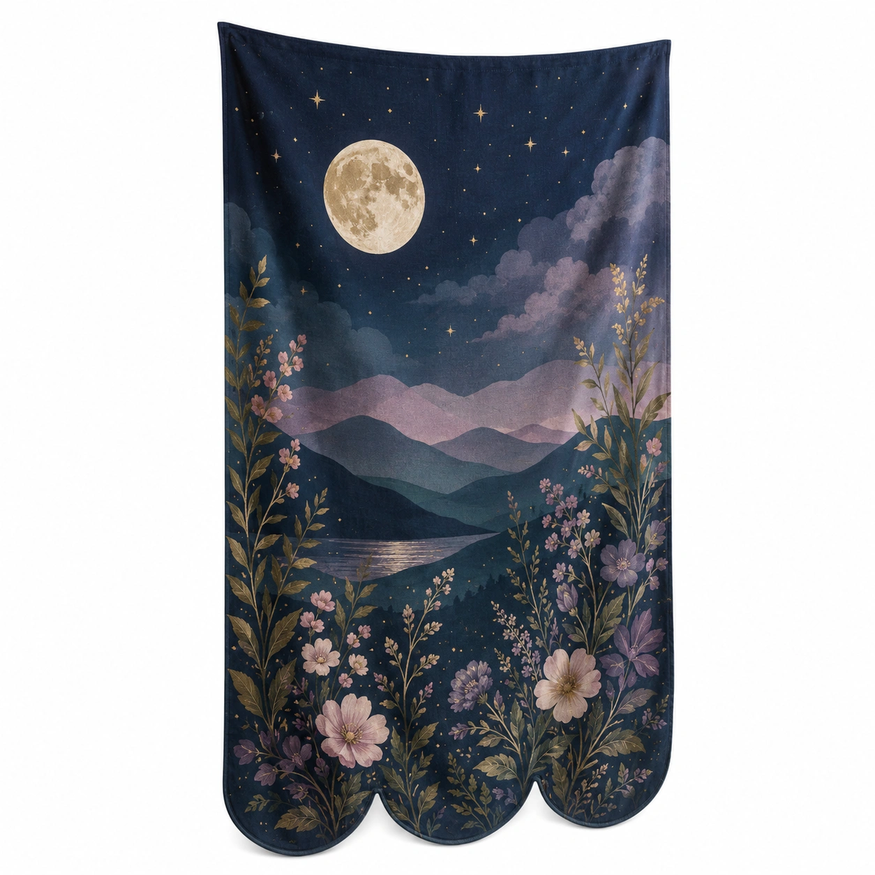 Tapiz Decorativo Nocturno con Luna y Flores en Tonos Azul y Morado-Meubl Ora