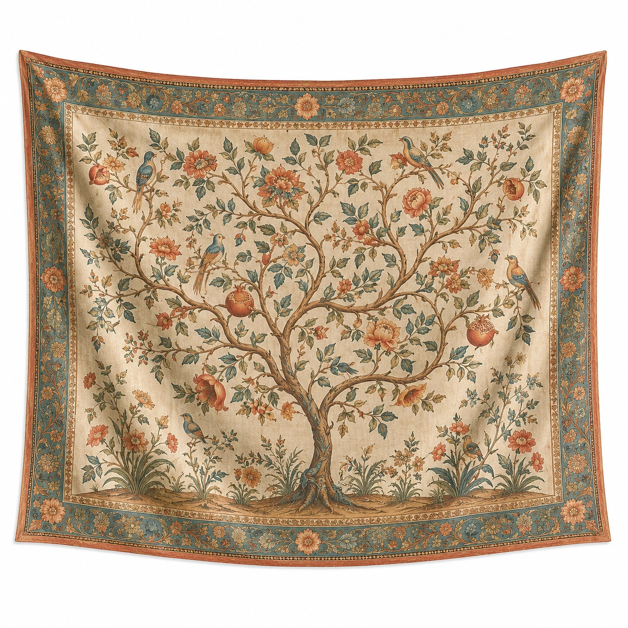 Tapiz Decorativo Árbol de la Vida con Pájaros Beige/Azul-Meubl Ora