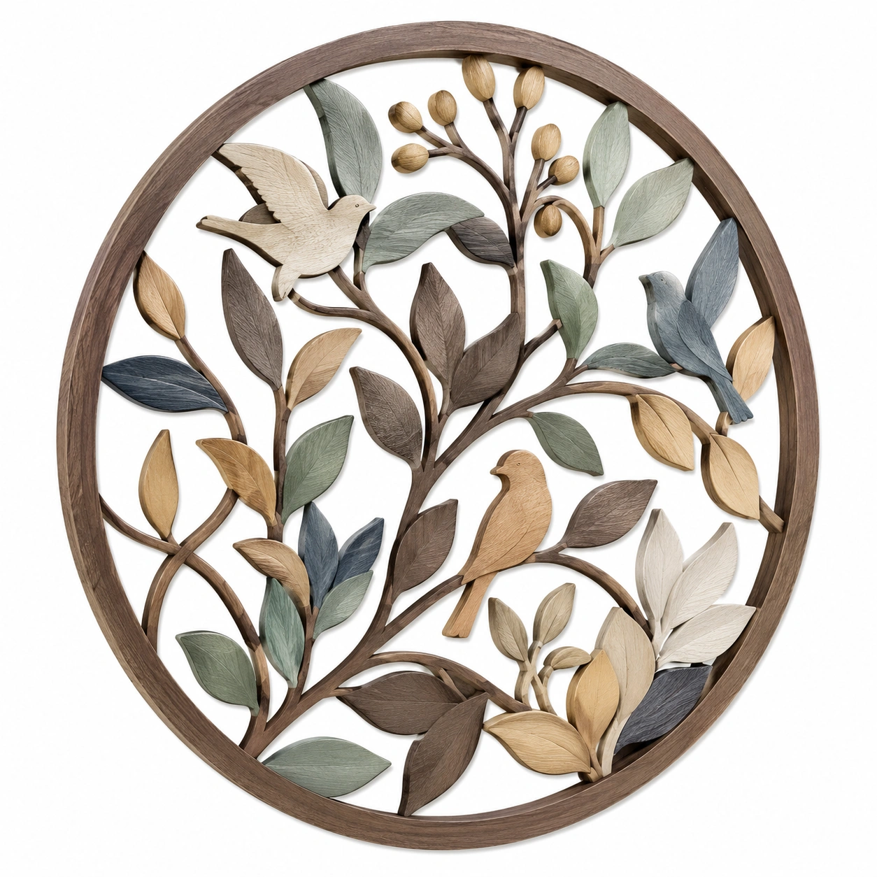 Arte de pared redondo de madera con pájaros y hojas multicolor-Meubl Ora
