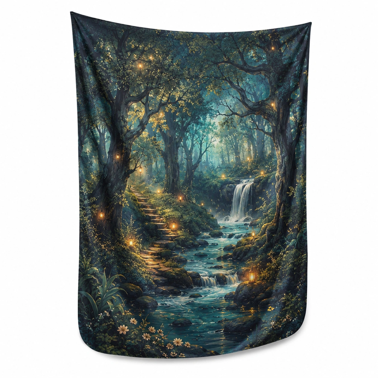 Tapiz Decorativo de Bosque Encantado con Cascada, Tonos Azul y Verde-RALMOVIEL
