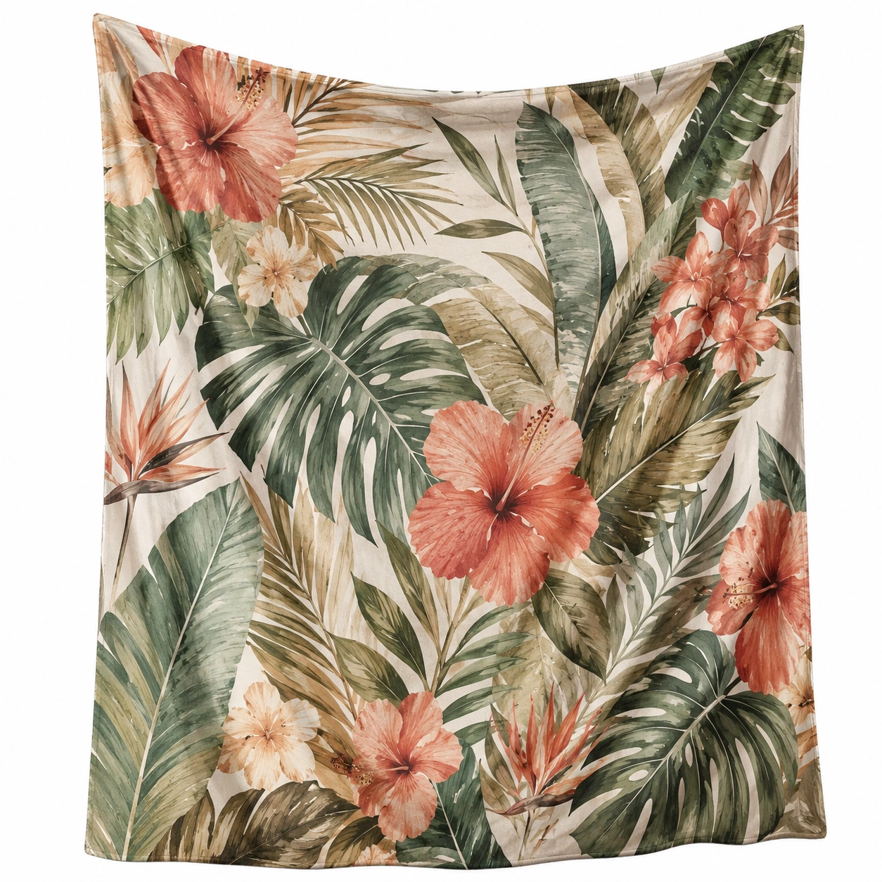 Tapiz Decorativo Tropical con Flores Hibisco y Hojas Verdes y Coral-RALMOVIEL
