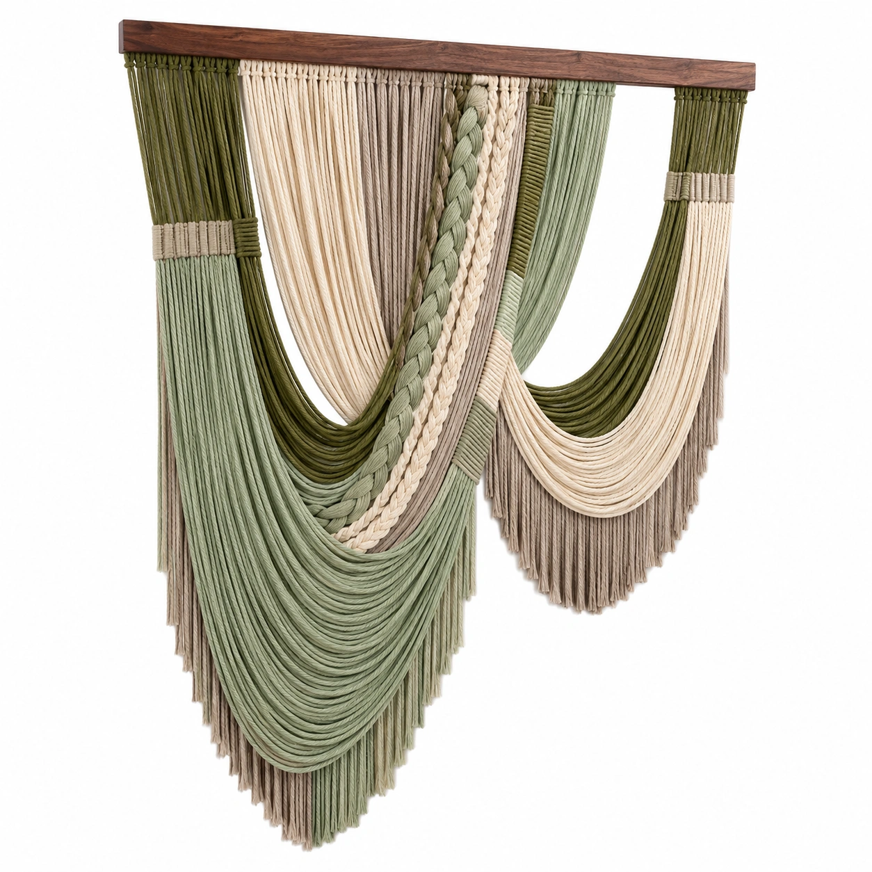 Tapiz de Pared de Macramé Bohemio Verde y Beige con Detalles Trenzados-RALMOVIEL