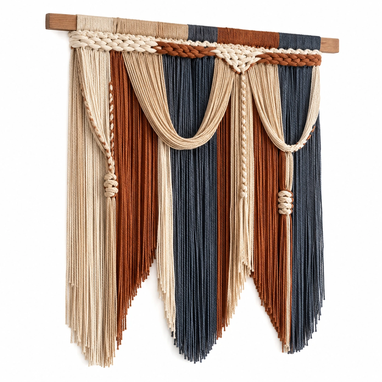 Tapiz de Pared de Macramé en Beige, Marrón y Azul-RALMOVIEL