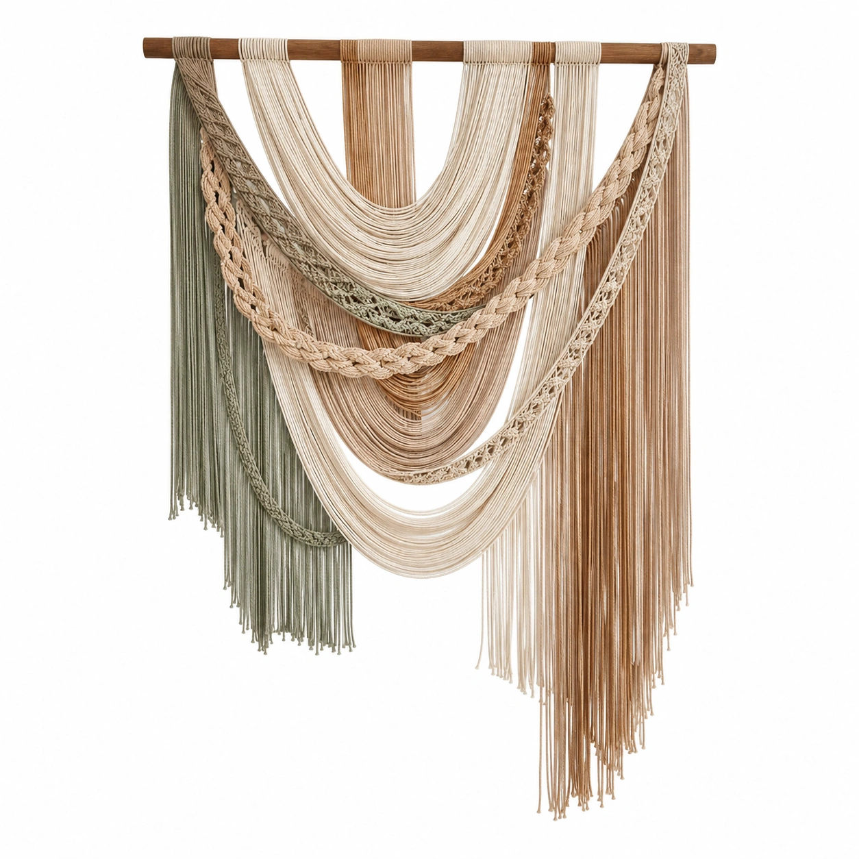 Tapiz de Pared de Macramé Hecho a Mano en Colores Beige y Verde Oliva-RALMOVIEL