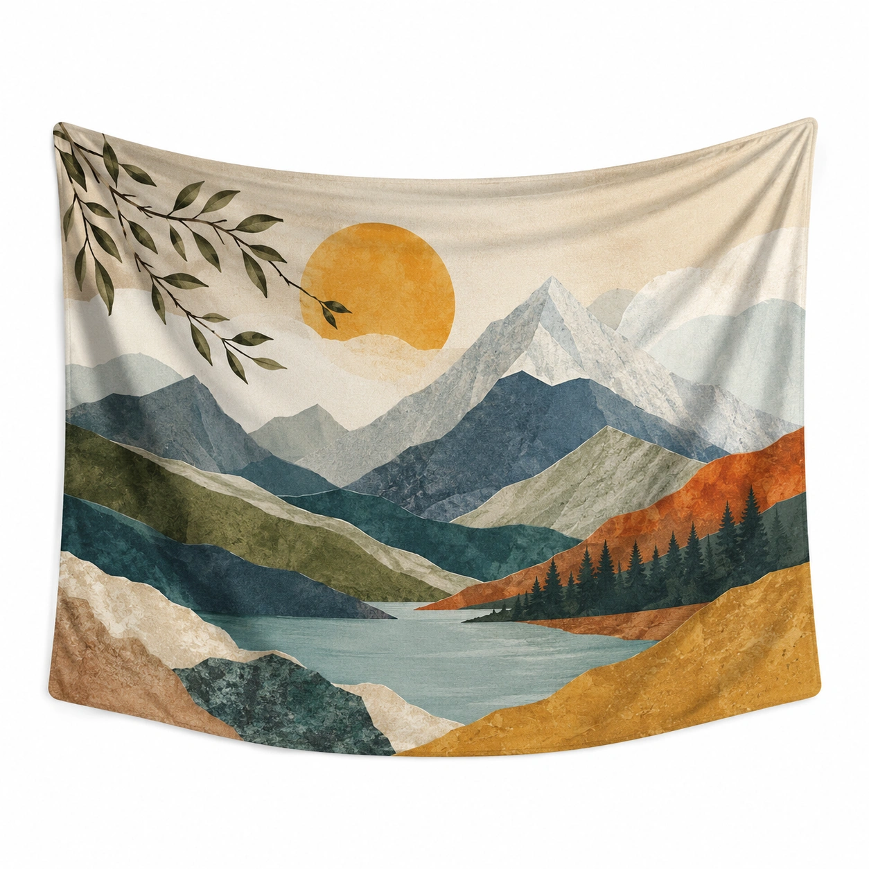 Tapiz Decorativo Paisaje Montañoso con Sol Dorado-Livzina