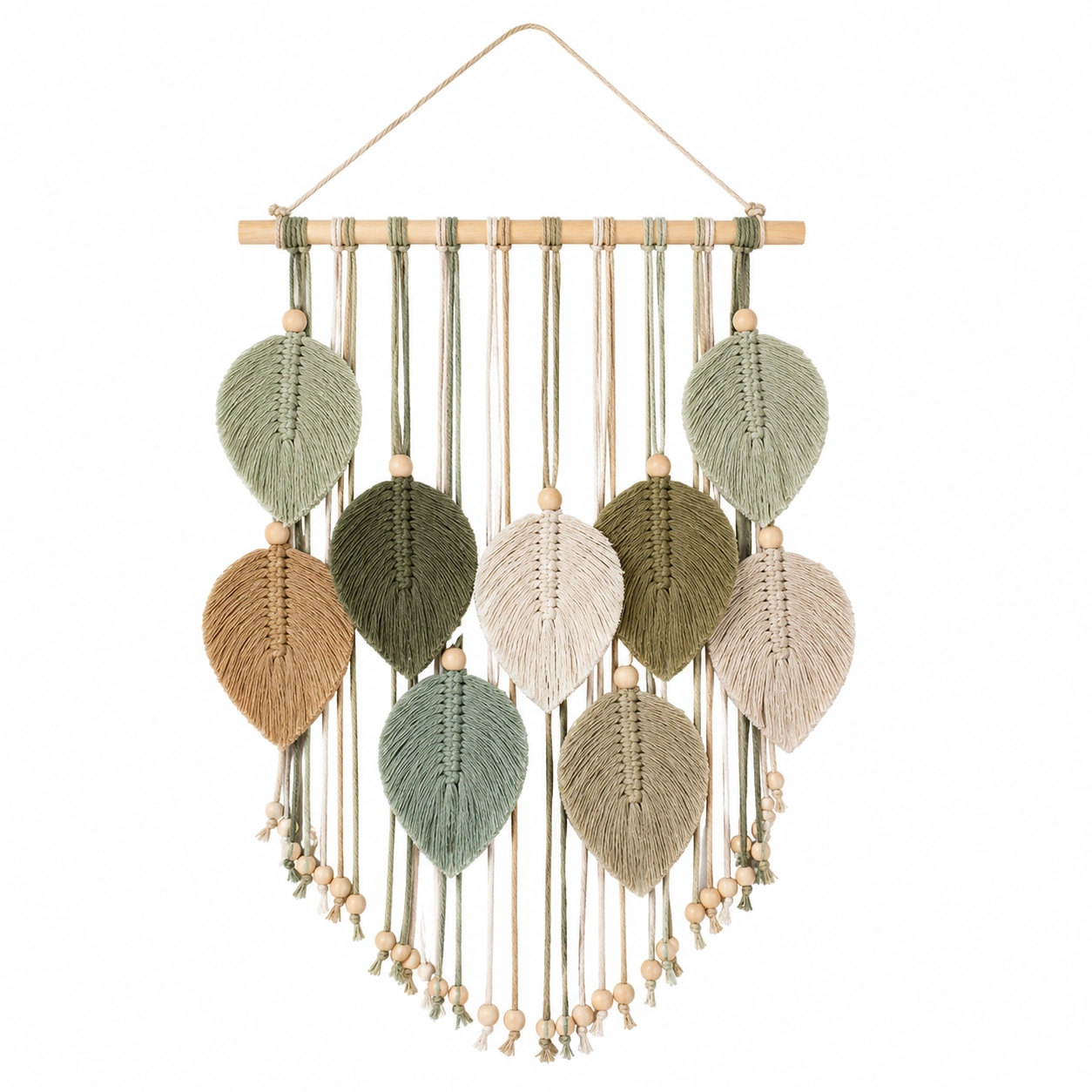 Tapiz colgante bohemio de macramé con hojas en tonos verdes y beige-Livzina