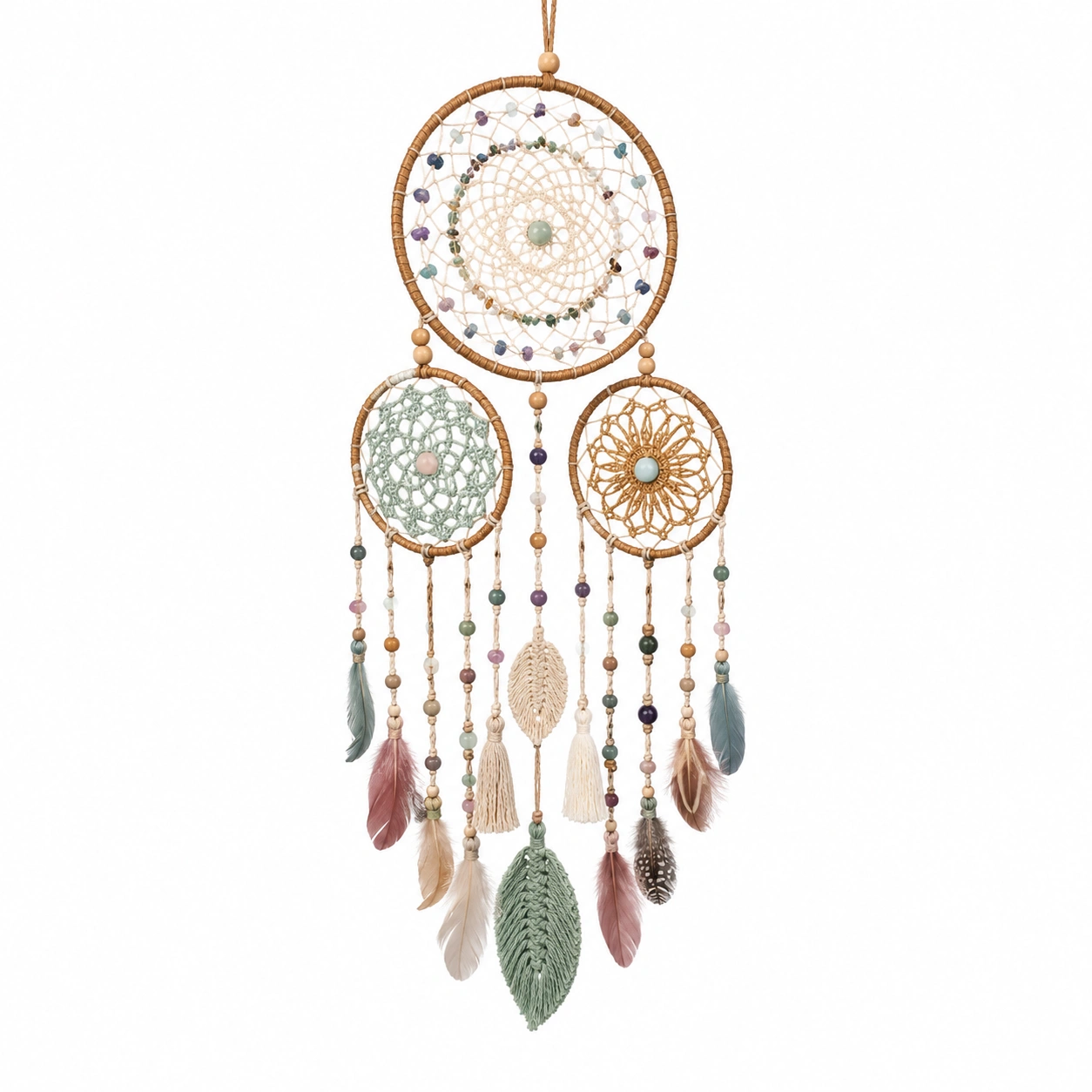 Atrapasueños decorativo artesanal con plumas en tonos pastel-Livzina