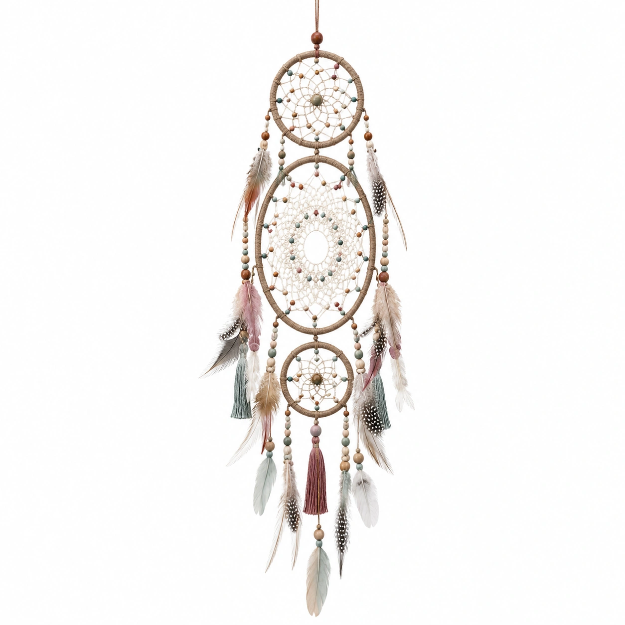 Atrapasueños Bohemio con Plumas y Cuentas Beige-Livzina