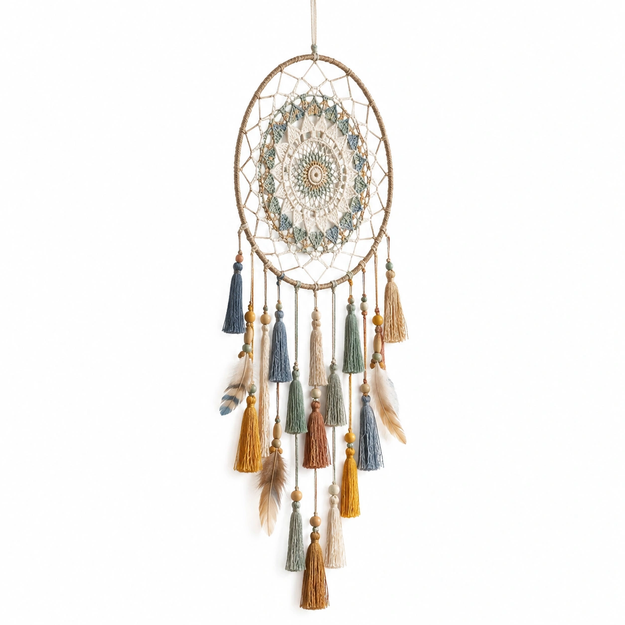 Atrapasueños de macramé con plumas y borlas multicolor estilo bohemio-Livzina