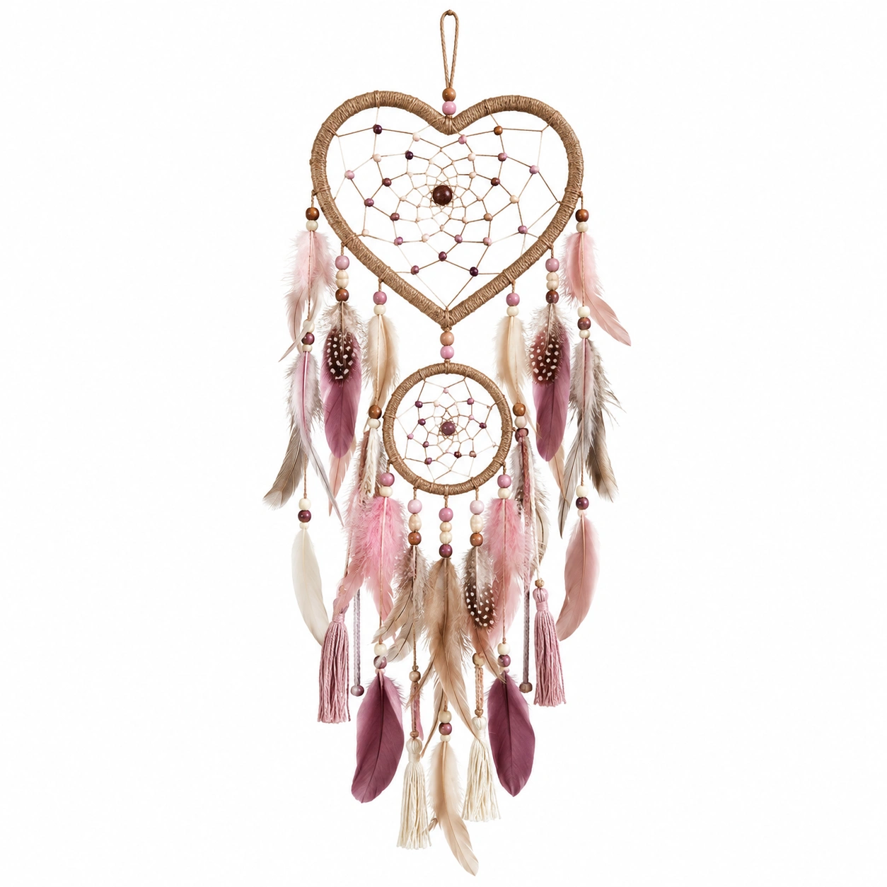 Atrapasueños de Corazón con Plumas Beige y Rosa-Livzina