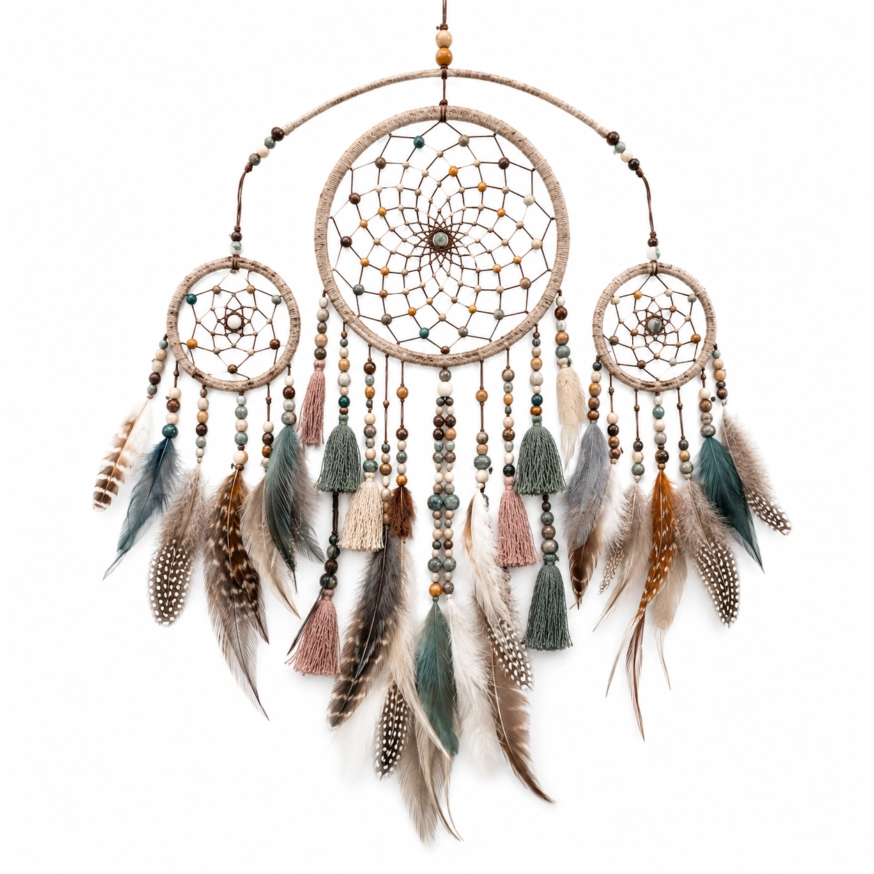 Atrapasueños Hecho a Mano con Plumas y Cuentas en Colores Naturales-Livzina