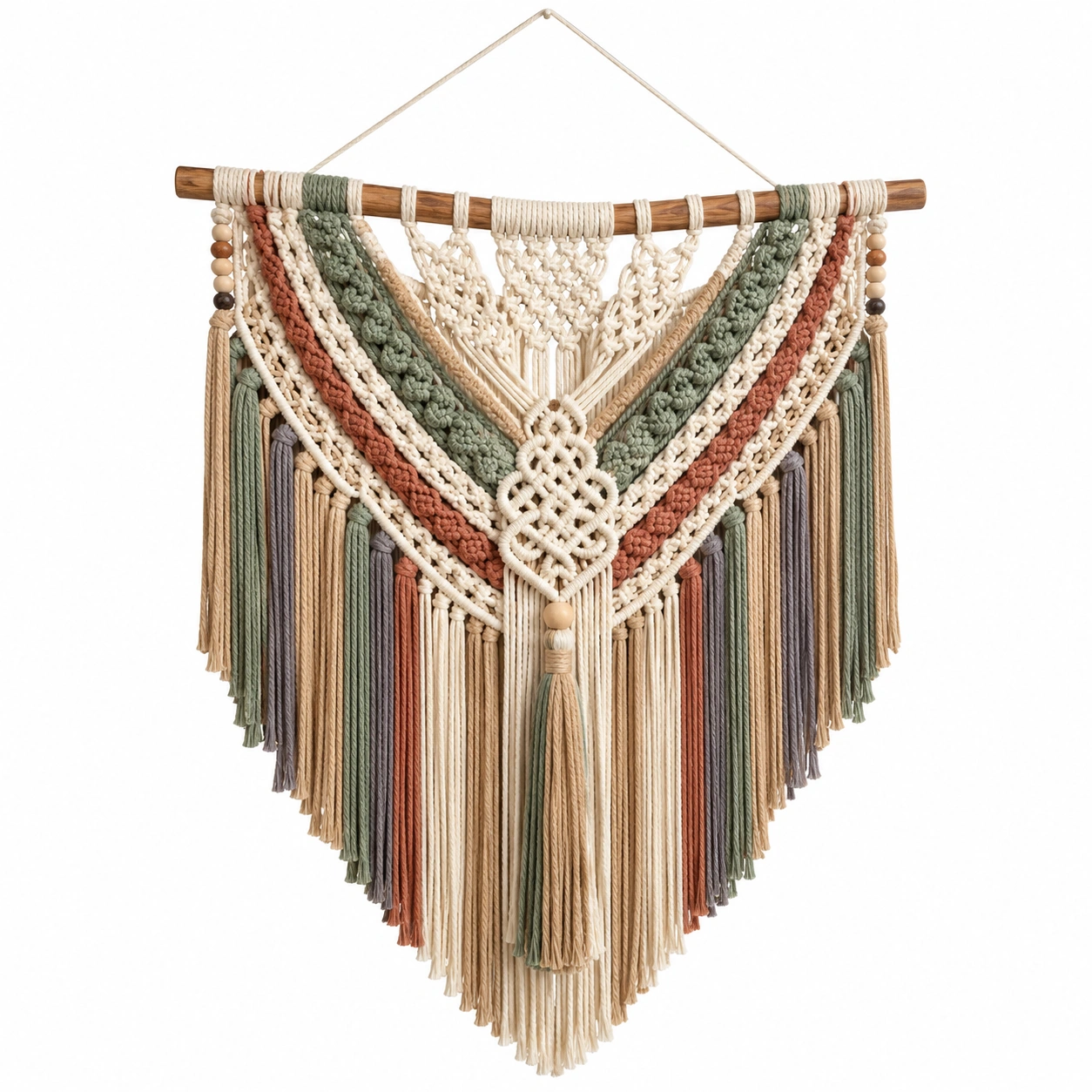 Tapiz de Macramé Bohemio Multicolor en Beige, Verde y Terracota-Livzina