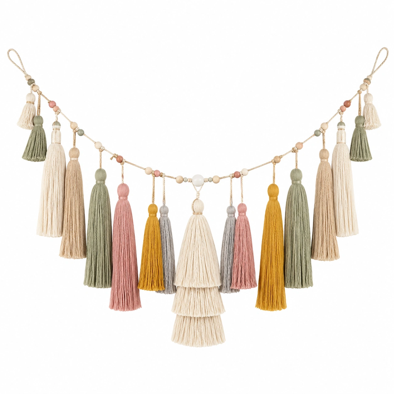 Guirnalda de Borlas Decorativas Multicolor Beige, Rosa, Gris, Mostaza y Verde-Livzina