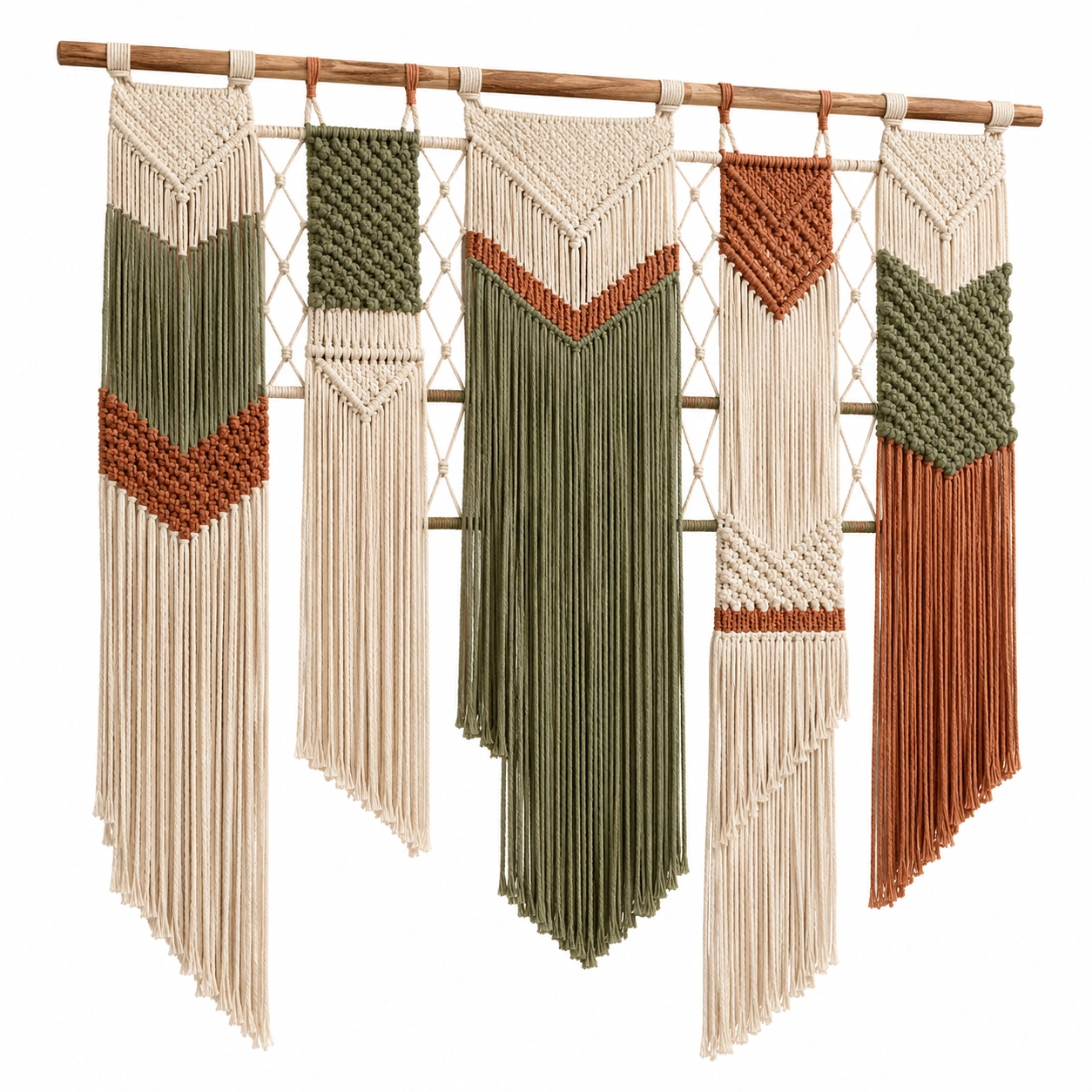 Tapiz Bohemio de Macramé para Pared en Crema, Verde y Terracota-Livzina