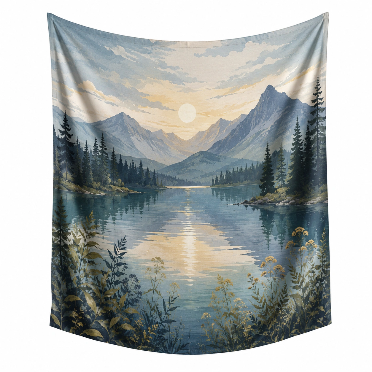 Tapiz Decorativo de Paisaje de Montaña en Tonos Azules y Verdes-Furno Rixa
