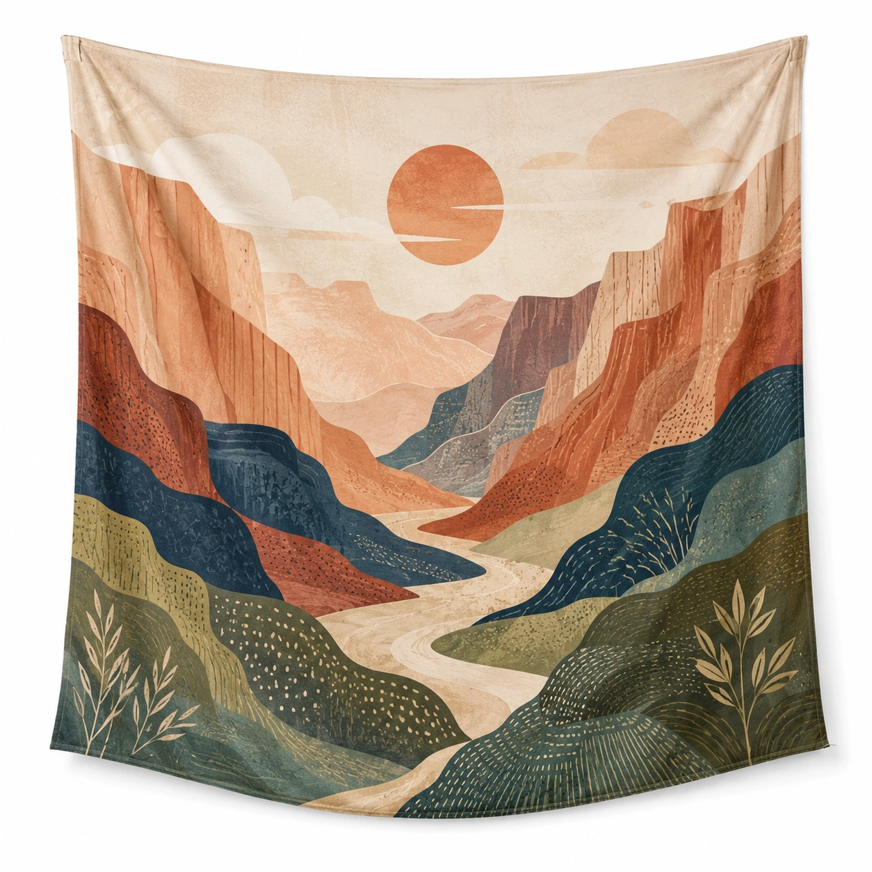 Tapiz Decorativo de Paisaje Montañoso con Sol en Colores Tierra y Azul, 150x130cm-Furno Rixa