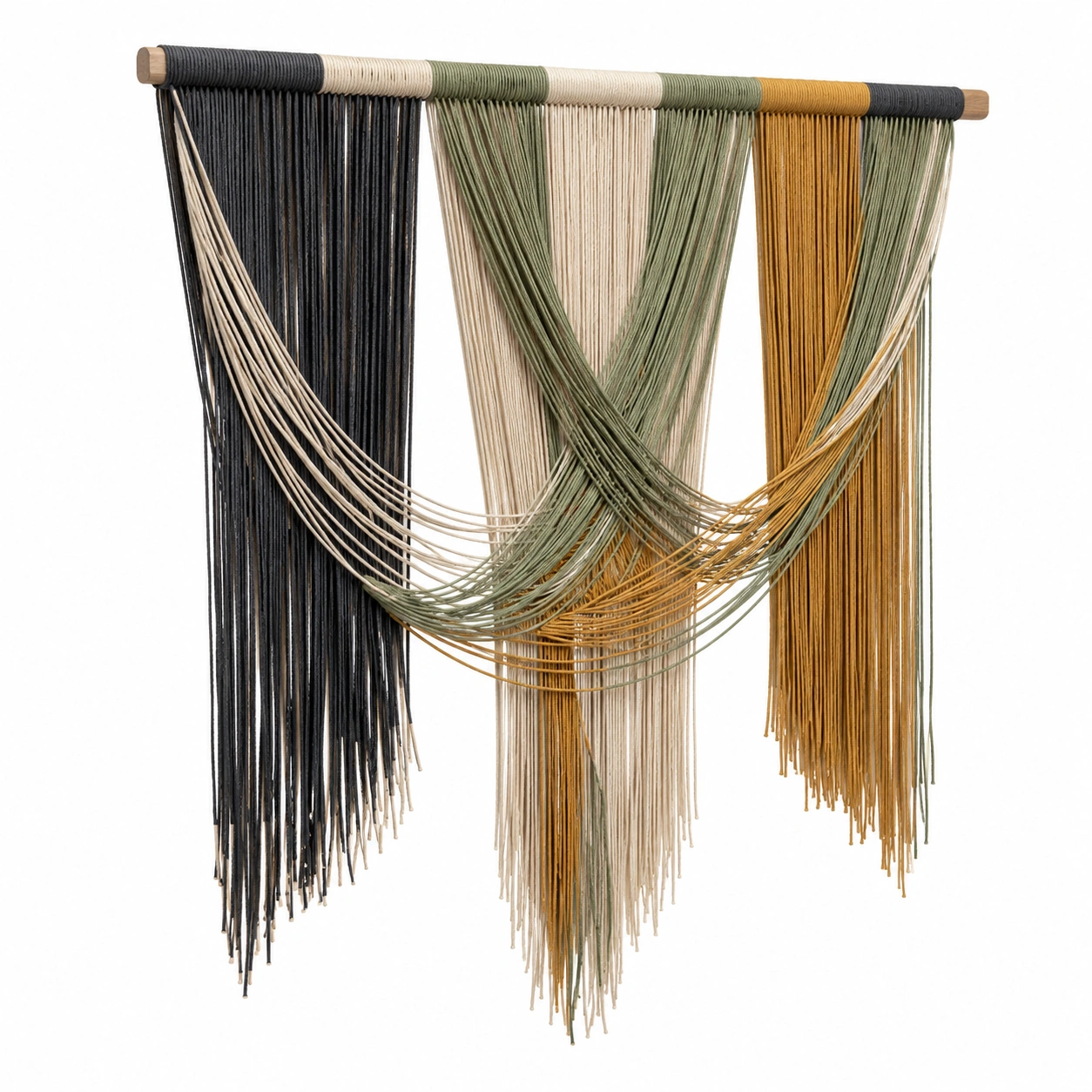 Colgante de Pared de Macramé Bohemio Negro, Beige, Verde y Mostaza-Furno Rixa