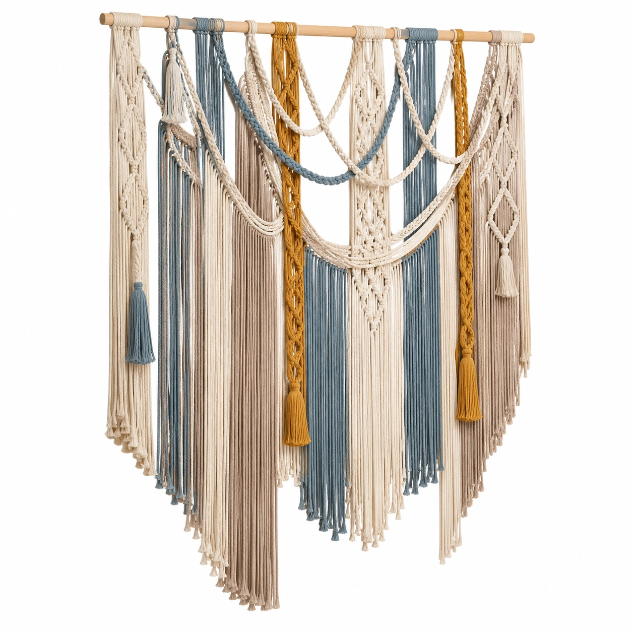 Tapiz de Macramé de Montaje en Pared Bohemio en Crema, Azul y Ocre-Furno Rixa