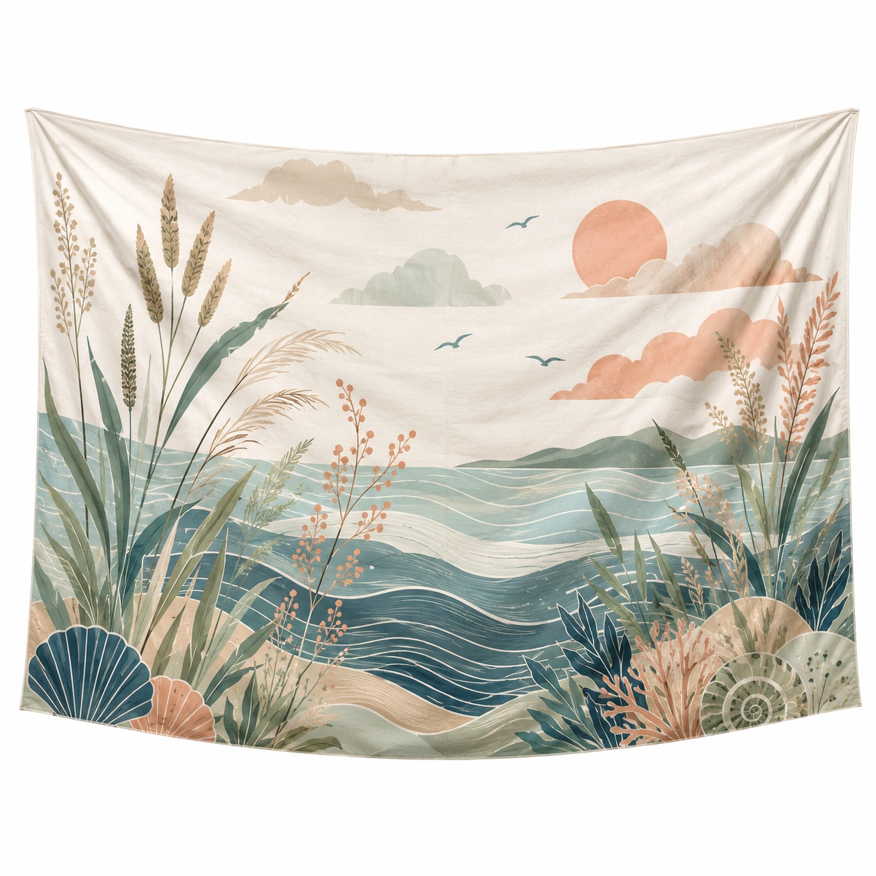 Tapiz Decorativo Paisaje Marítimo 200x150cm Beige/Azul/Verde/Naranja-LiVdina