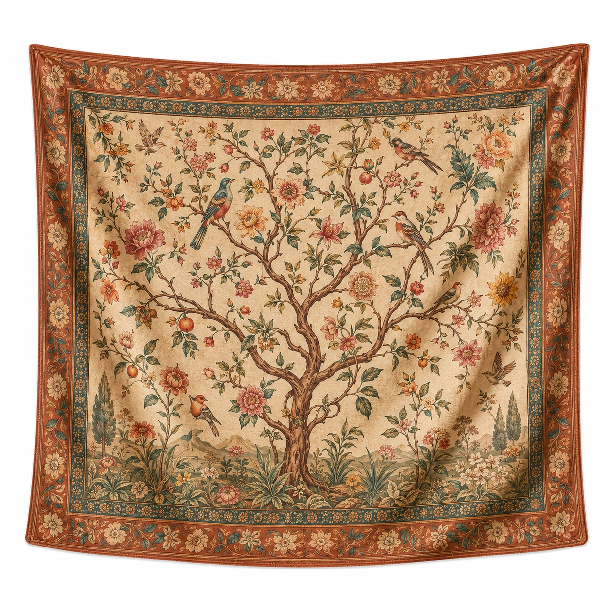 Tapiz Decorativo de Pared con Árbol y Pájaros en Tono Multicolor 150x130cm-LiVdina