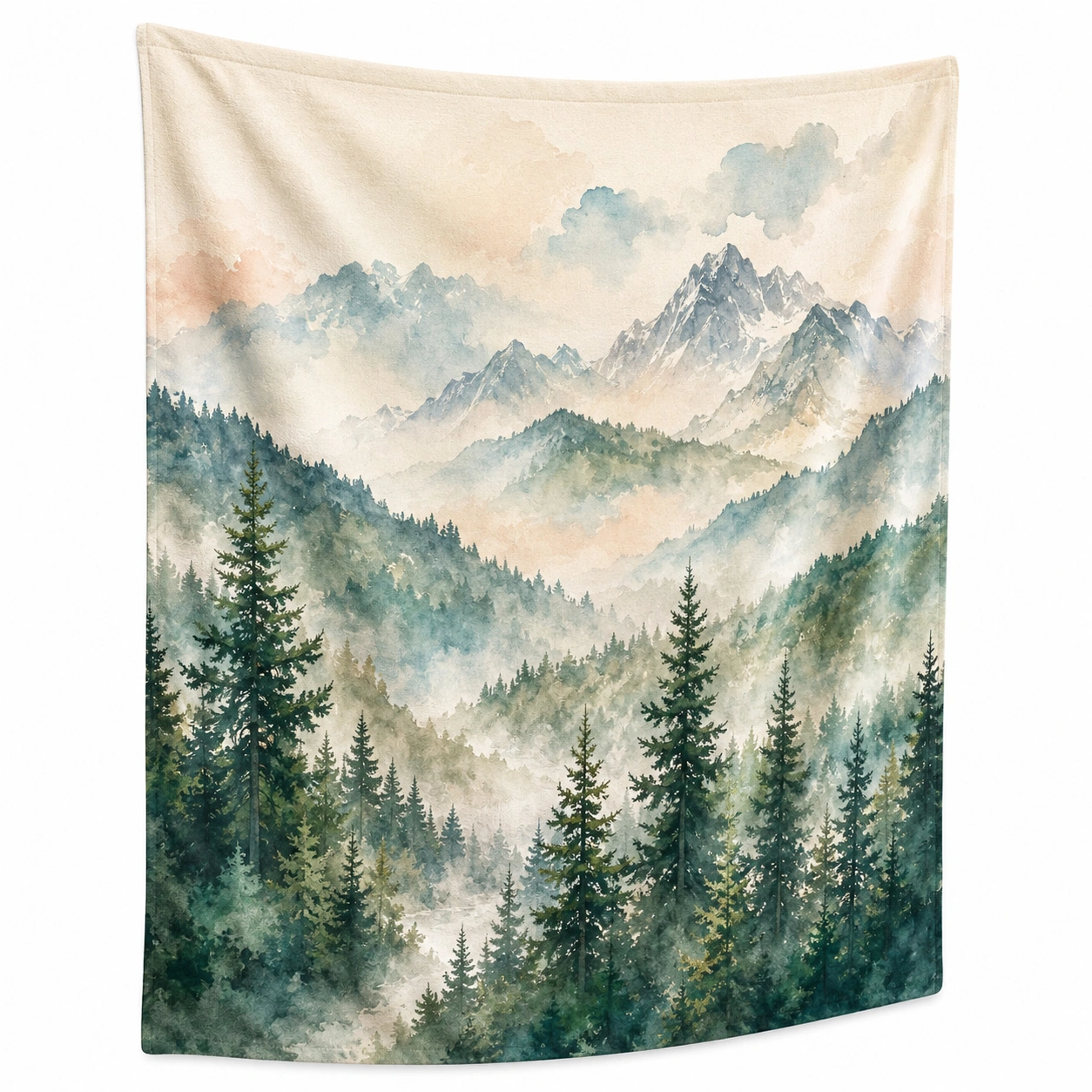 Tapiz de paisaje montañoso en acuarela verde y beige-LiVdina