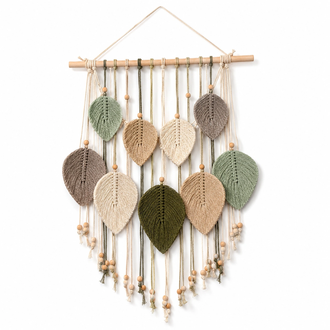 Tapiz de Macramé con Hojas Colgantes en Verde, Beige y Marrón-LiVdina