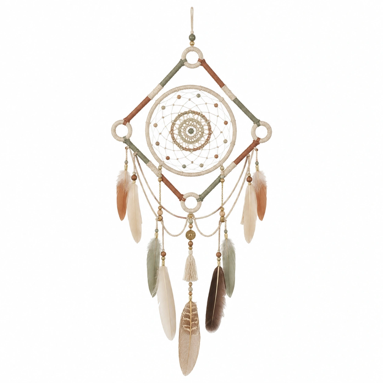 Atrapasueños Étnico con Plumas Decorativas en Beige y Marrón-LiVdina