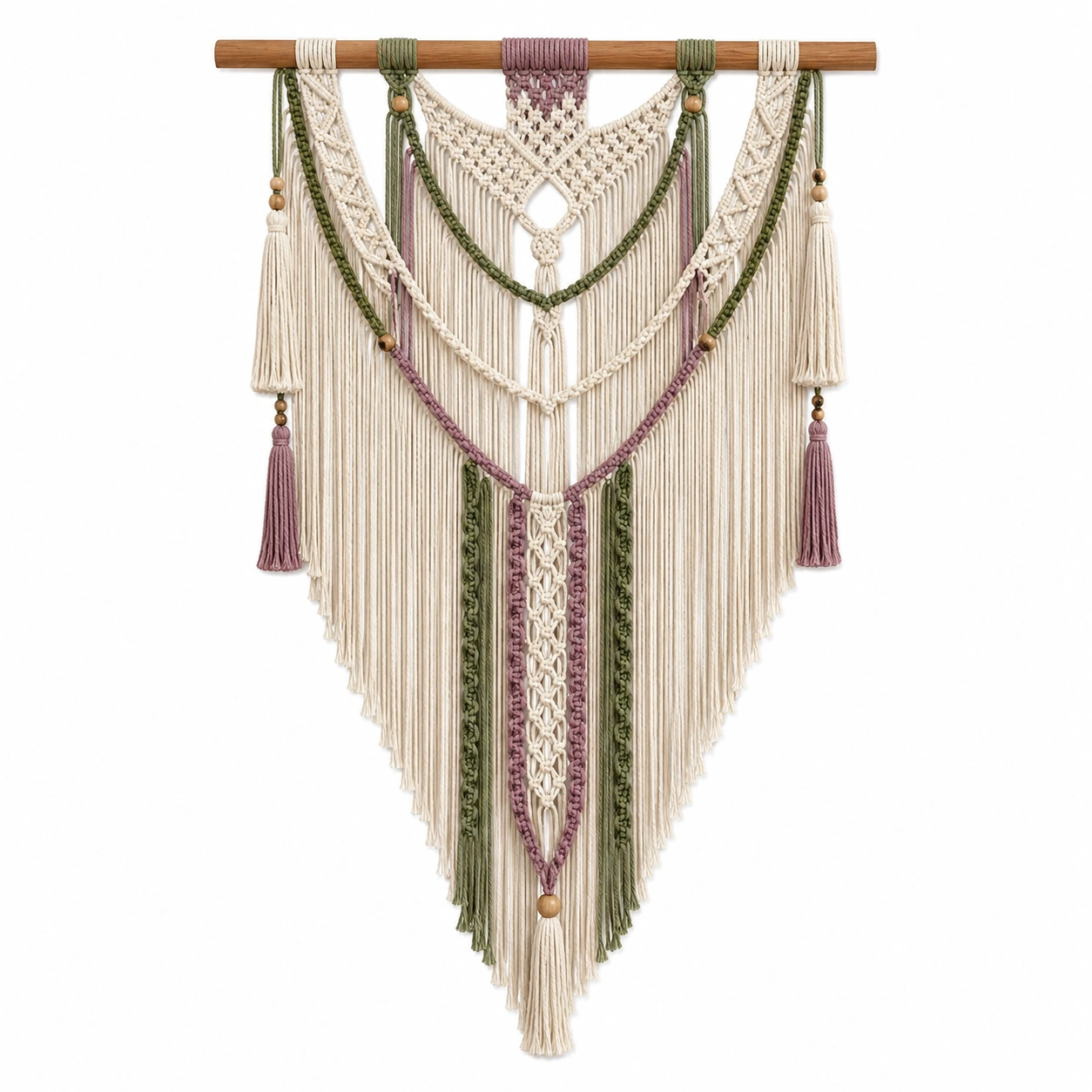 Tapiz de macramé bohemio en crema, verde y morado-LiVdina