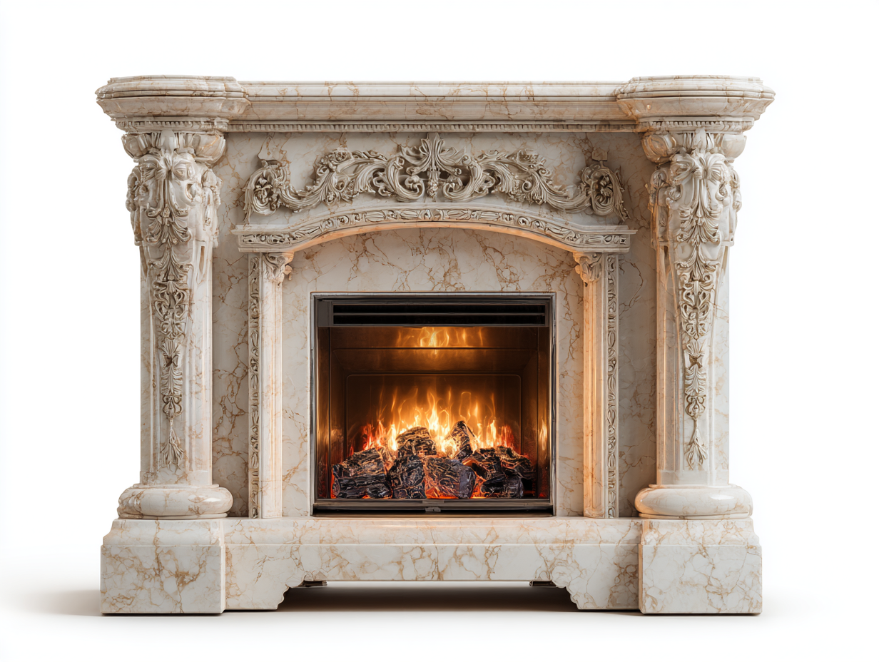 Chimeneas eléctricas con marco decorativo efecto mármol 168x42x125 cm - crema-beige-negro - para salón - estilo clásico-Lunakanest