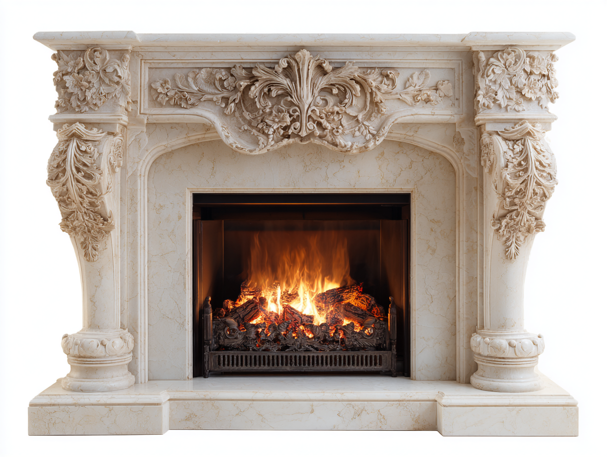 Chimeneas eléctricas de piedra sintética color crema 160x35x120 cm para salón - diseño clásico ornamental-Lunakanest