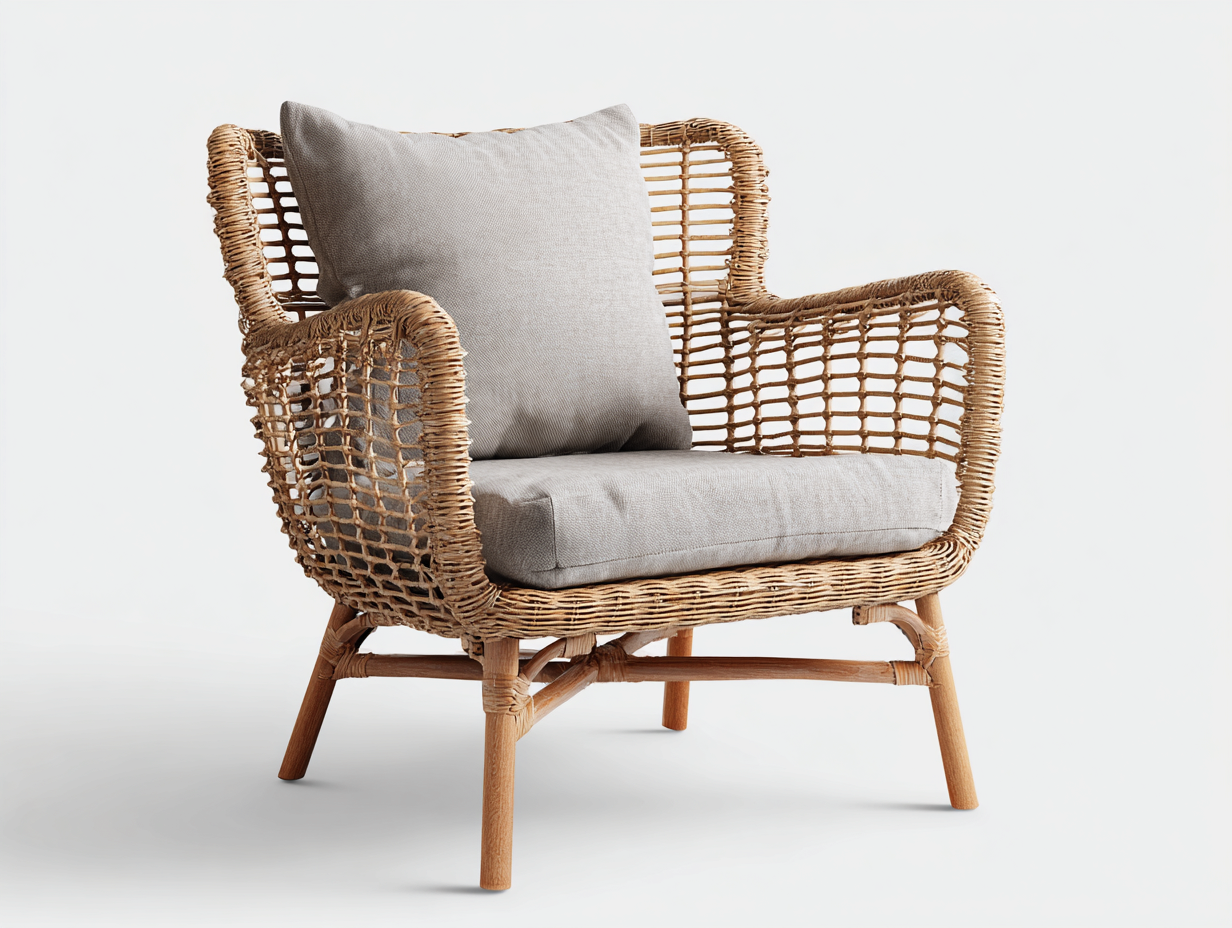 Sillones de ratán natural con cojín tela 76x70x80 cm marrón gris diseño moderno ligero confort-Madidahaus
