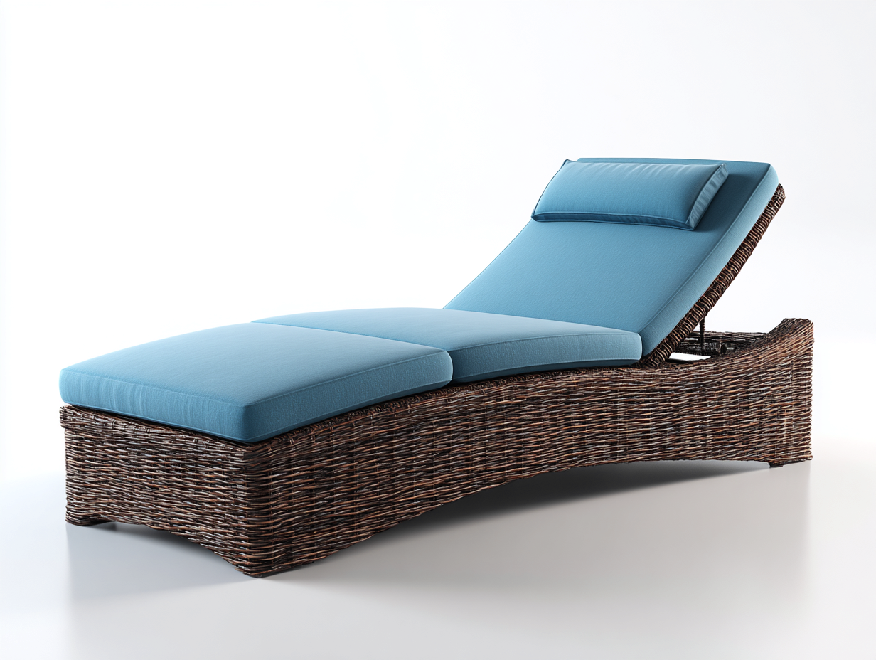 Tumbonas de ratán con respaldo ajustable cojín tela 200x65x85 cm marrón azul diseño moderno exterior confort-Madidahaus