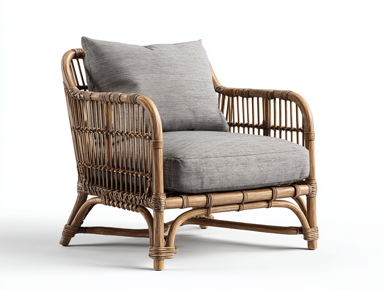 Sillones de ratán natural con cojín tela 78x72x82 cm marrón gris diseño moderno relajación exterior-Madidahaus