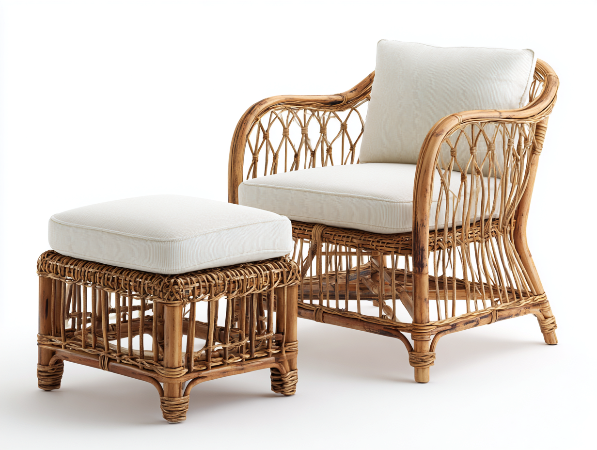 Sillones de ratán con reposapiés y cojín 82x75x78 cm natural blanco diseño moderno exterior-Madidahaus