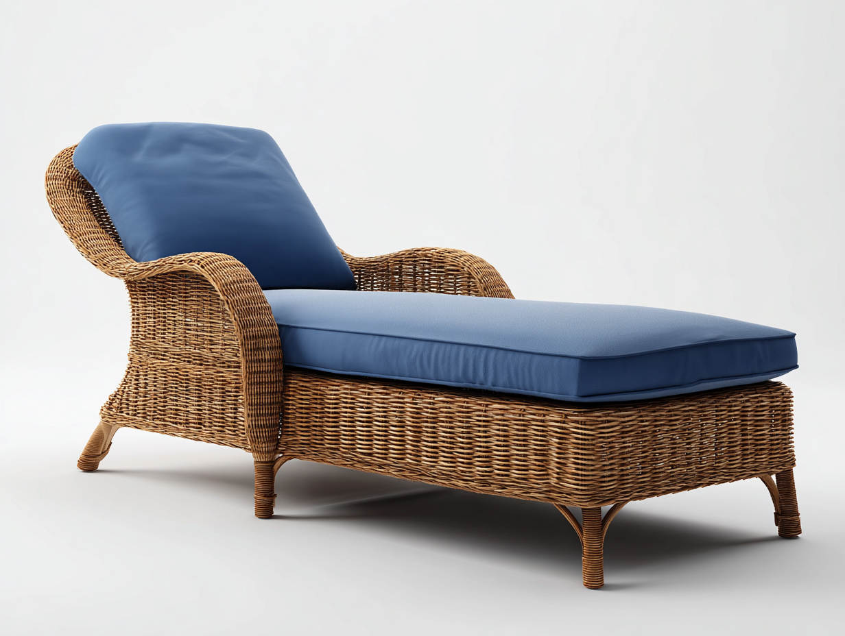 Tumbonas de ratán natural con cojín azul 165x70x78 cm jardín diseño ergonómico reclinable-Madidahaus