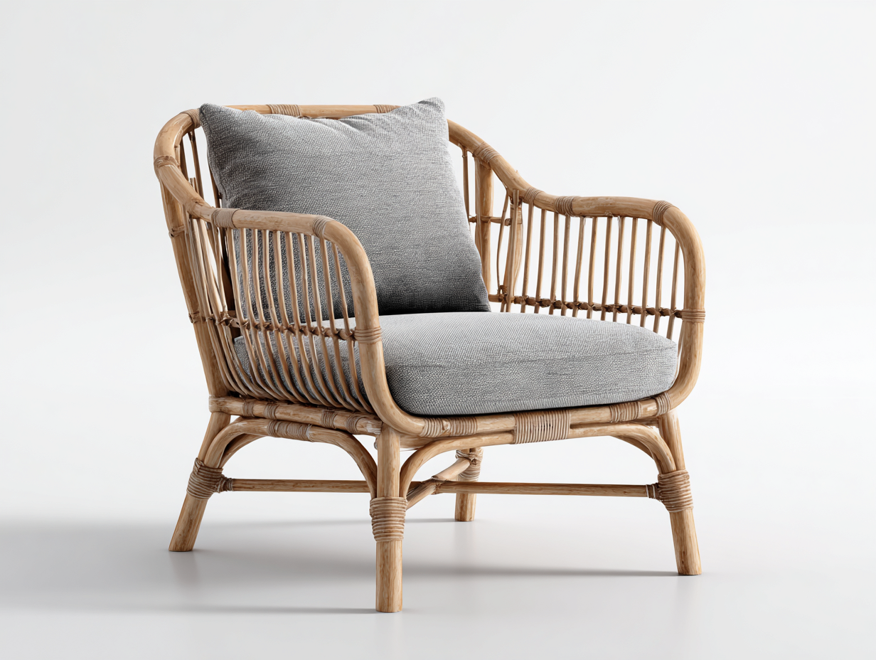 Sillones de ratán natural con cojín gris 75x70x78 cm salón y terraza diseño moderno-Madidahaus