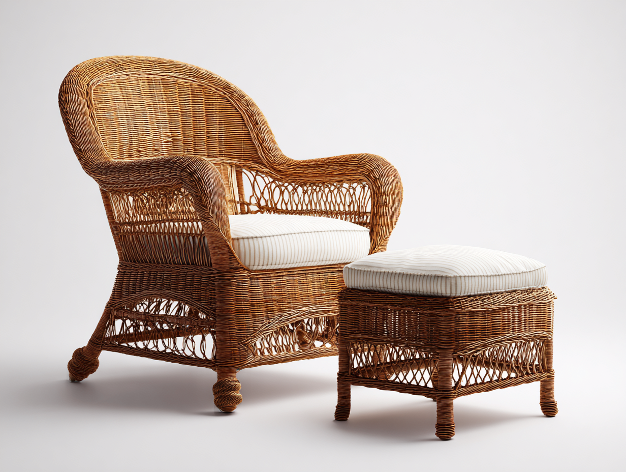 Sillones de ratán con reposapiés 90x80x85 cm - natural y beige - diseño clásico-Madidahaus
