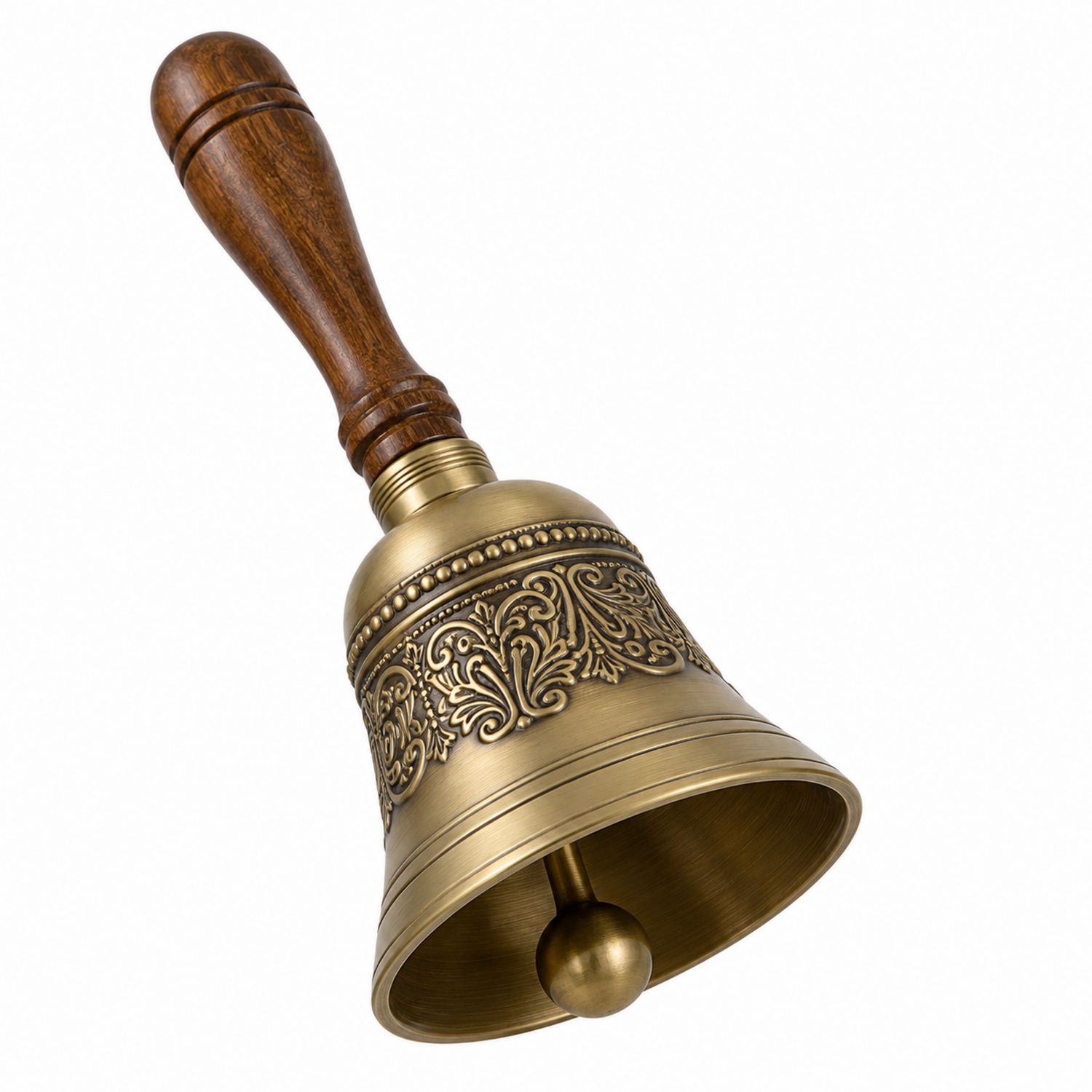 Handglocke aus Messing mit Gravuren und Holzgriff