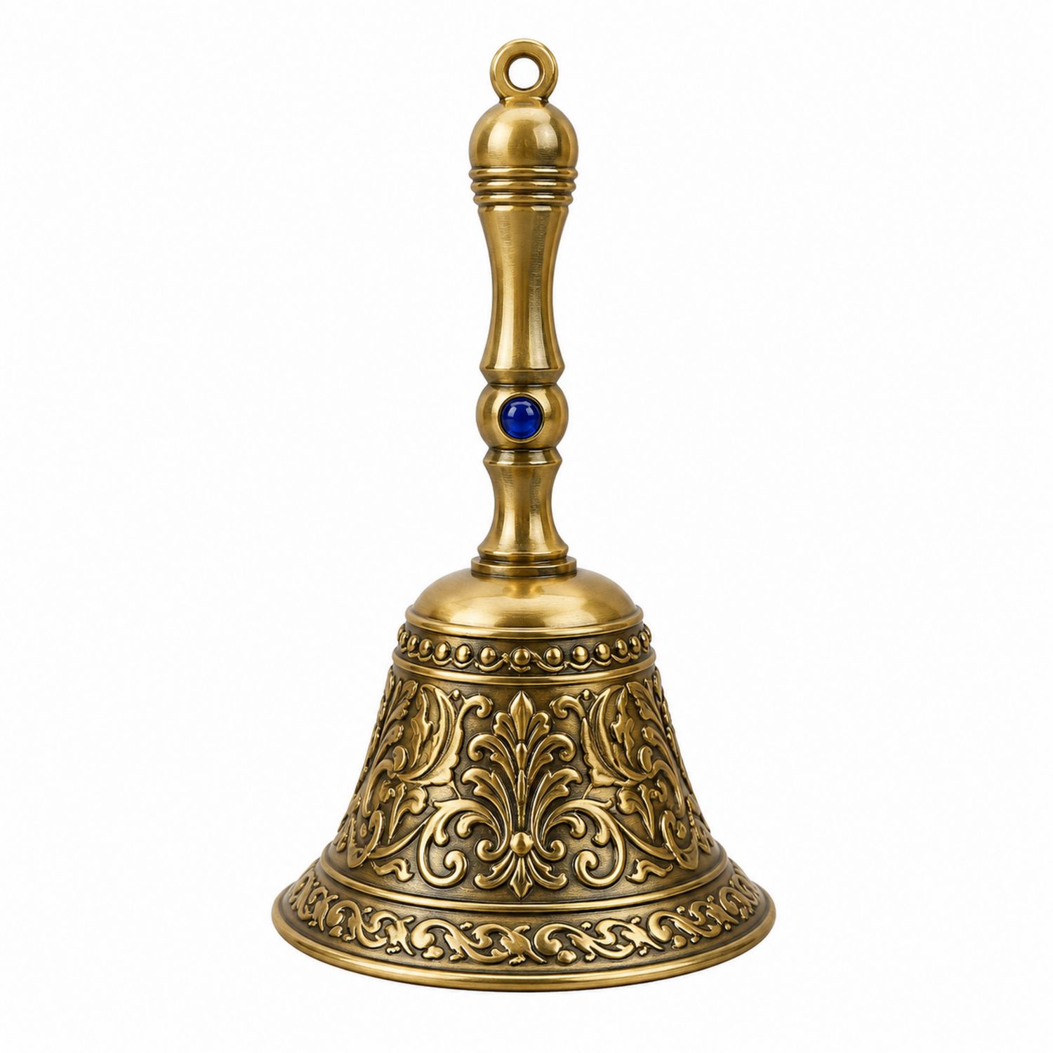 Antike Handglocke aus Messing mit Verzierungen und blauem Akzent