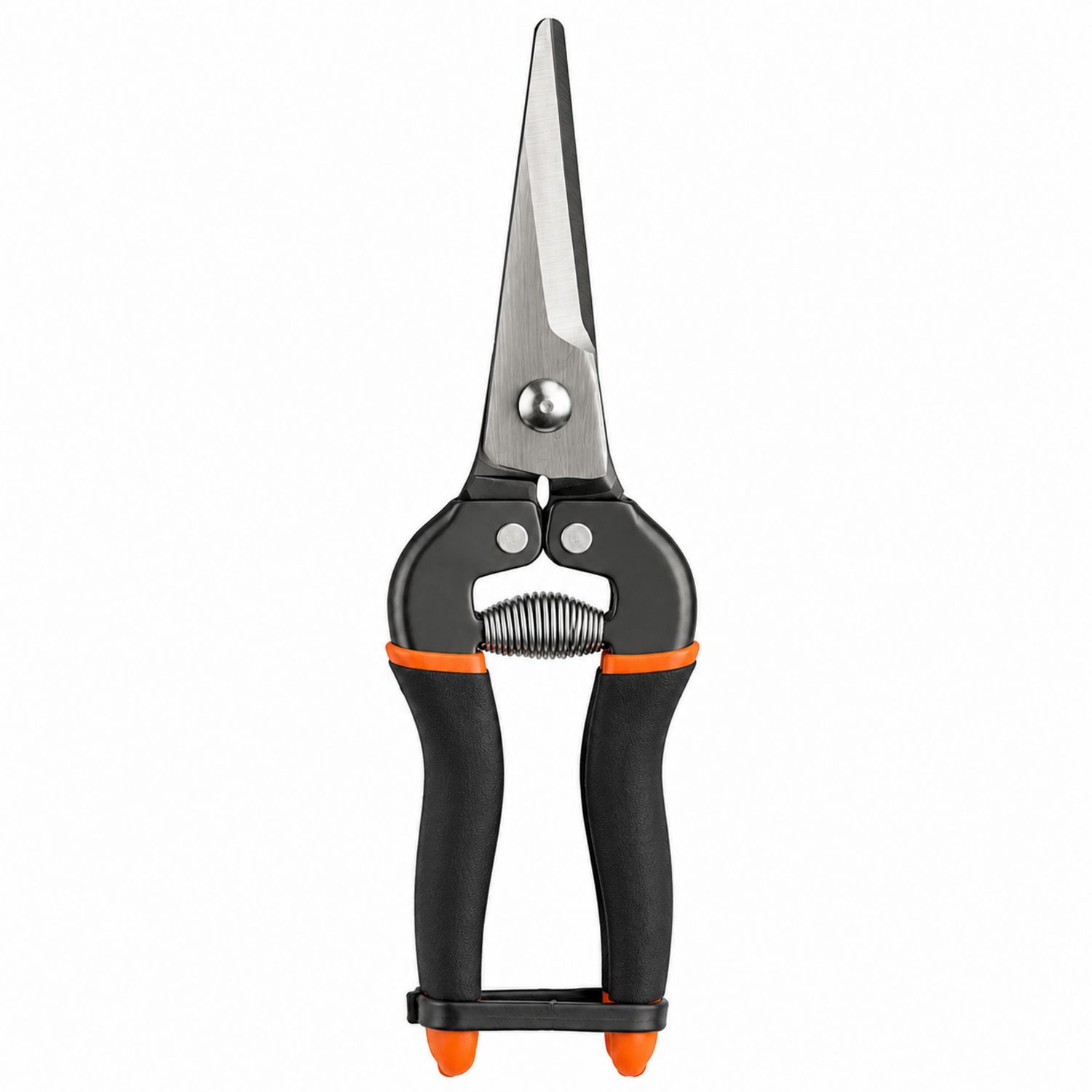 Tijeras de jardinería negra y naranja con mango ergonómico y hoja recta
