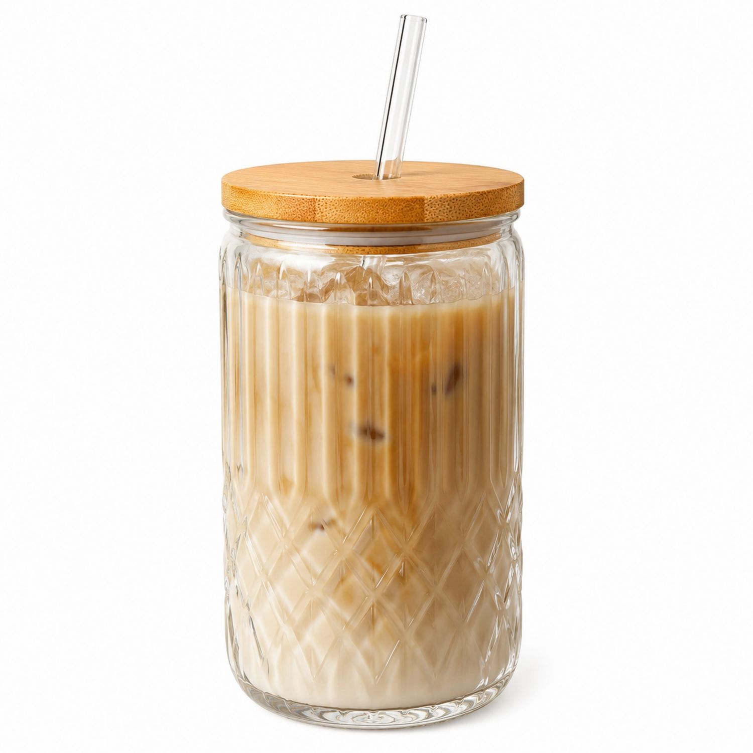 Glasbecher mit Bambusdeckel und Strohhalm 500 ml - Transparent/Natur