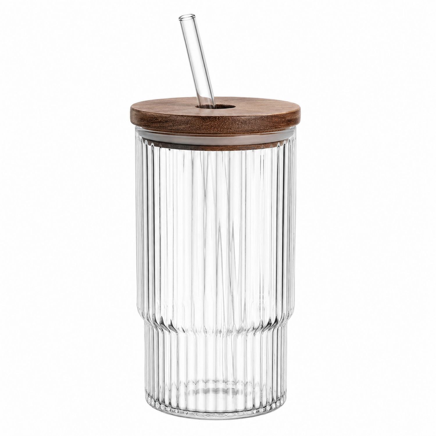 Trinkglas Transparent mit Holzdeckel und Glastrinkhalm, 500ml
