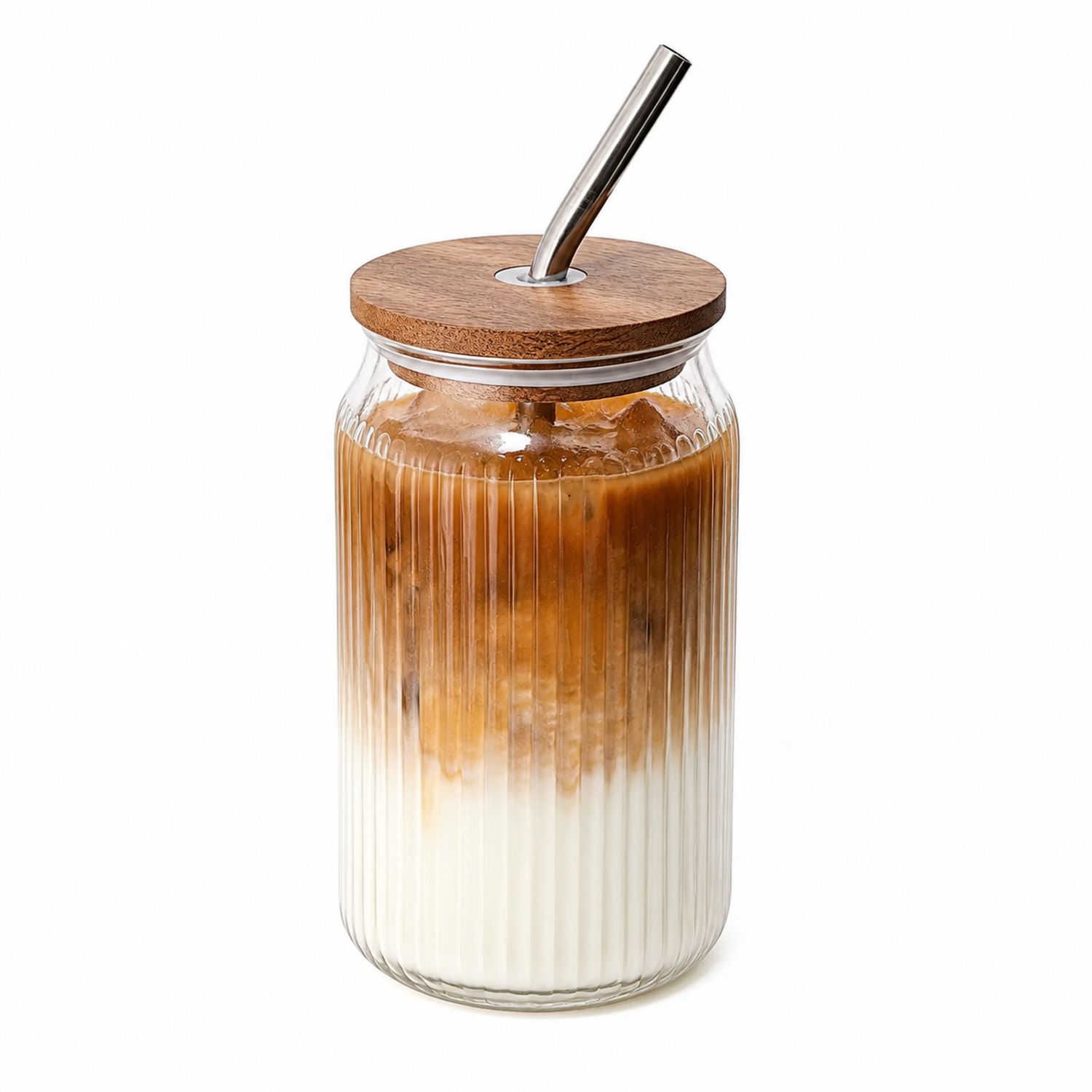 Glasbecher mit Holzdeckel und Edelstahlstrohhalm - 500ml