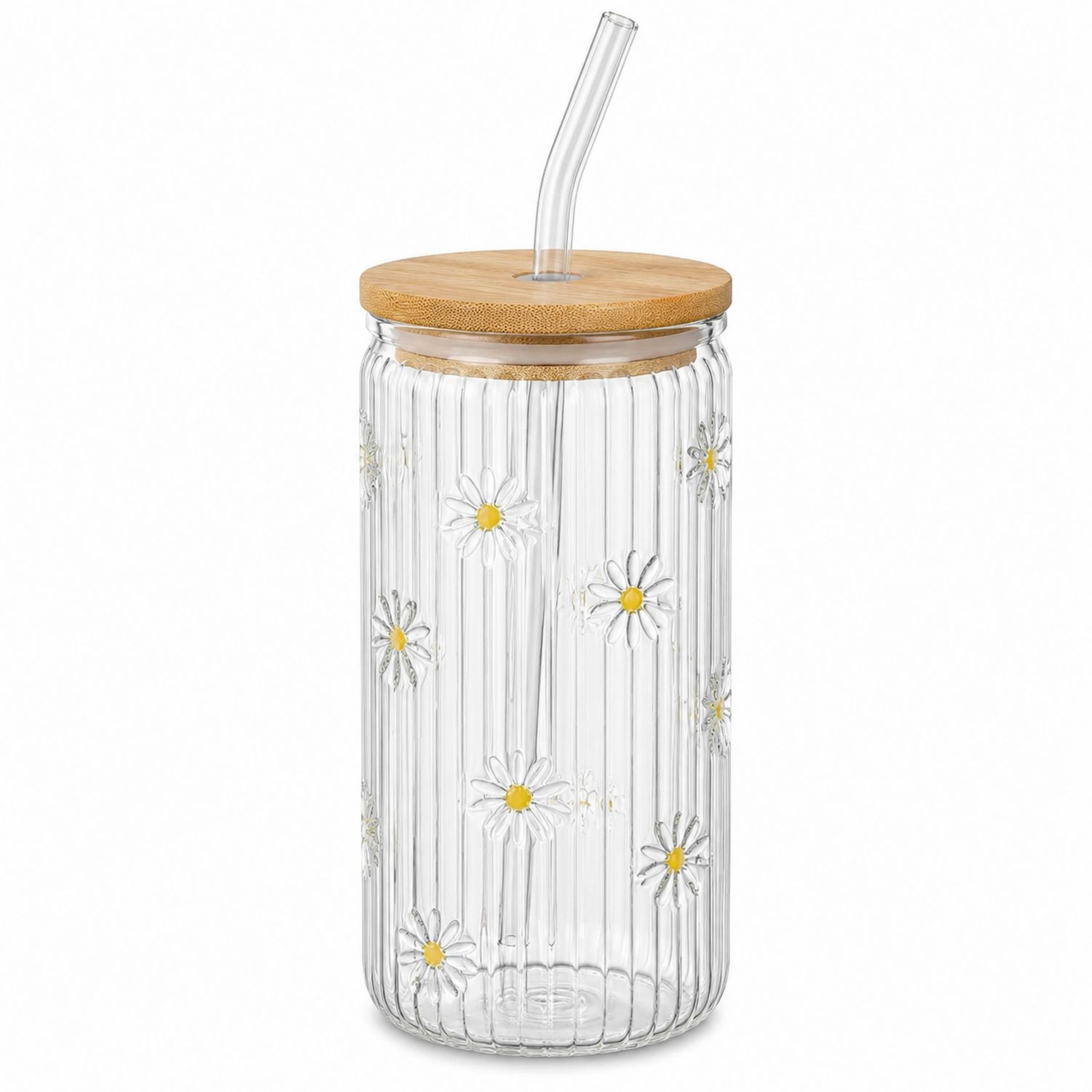Glas Trinkbecher mit Blumendesign, Bambusdeckel und Strohhalm 500ml