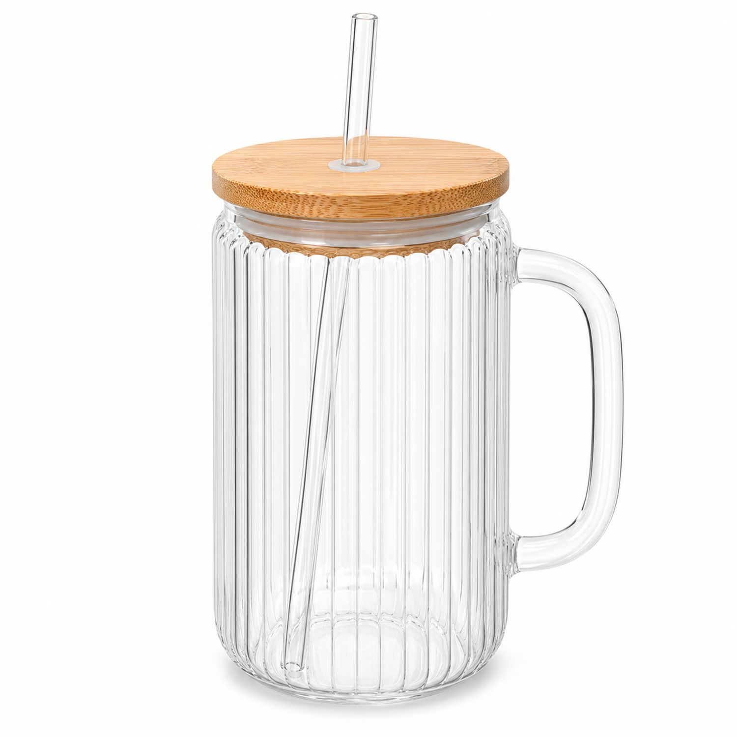Transparenter Glasbecher mit Bambusdeckel und Strohhalm, 500 ml