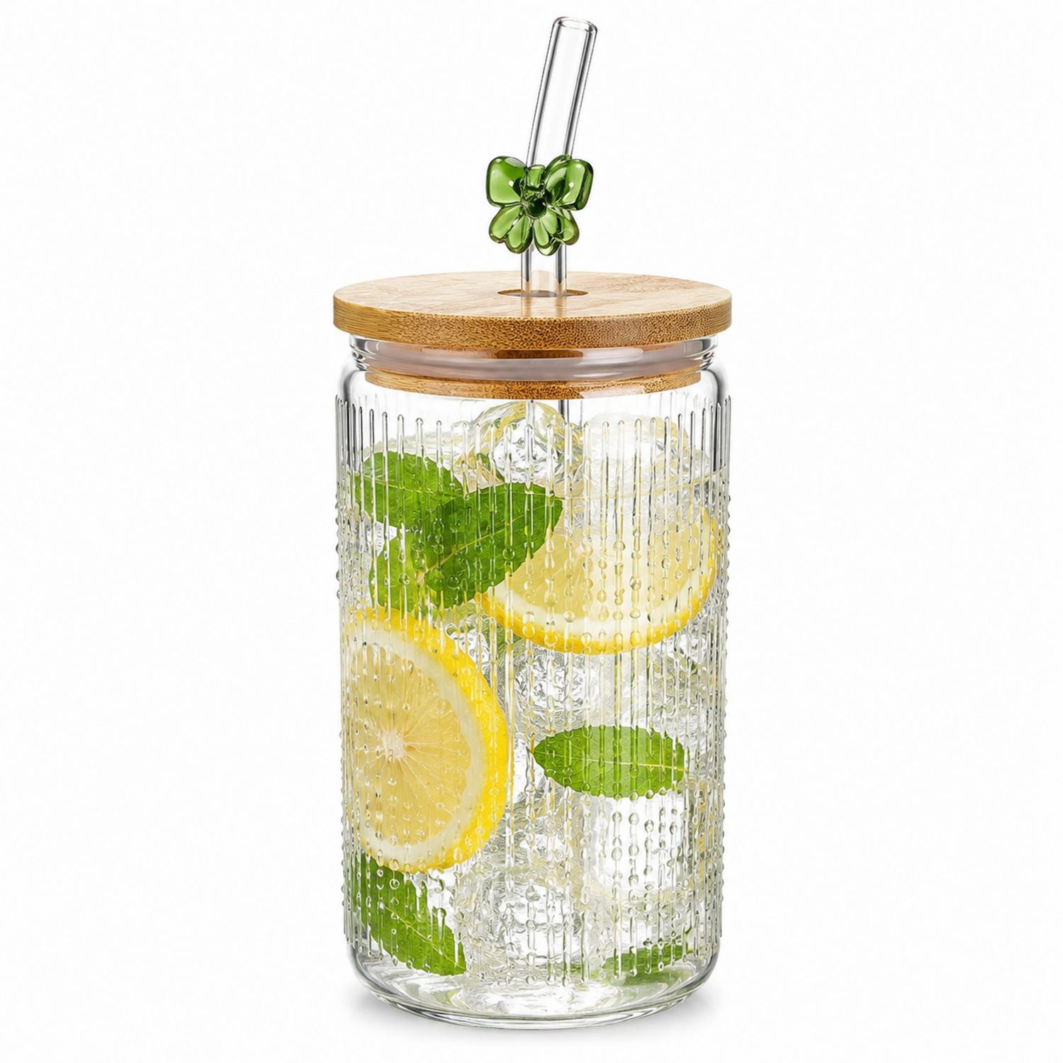 Glas Trinkglas 500ml mit Bambusdeckel und Blumenstrohhalm