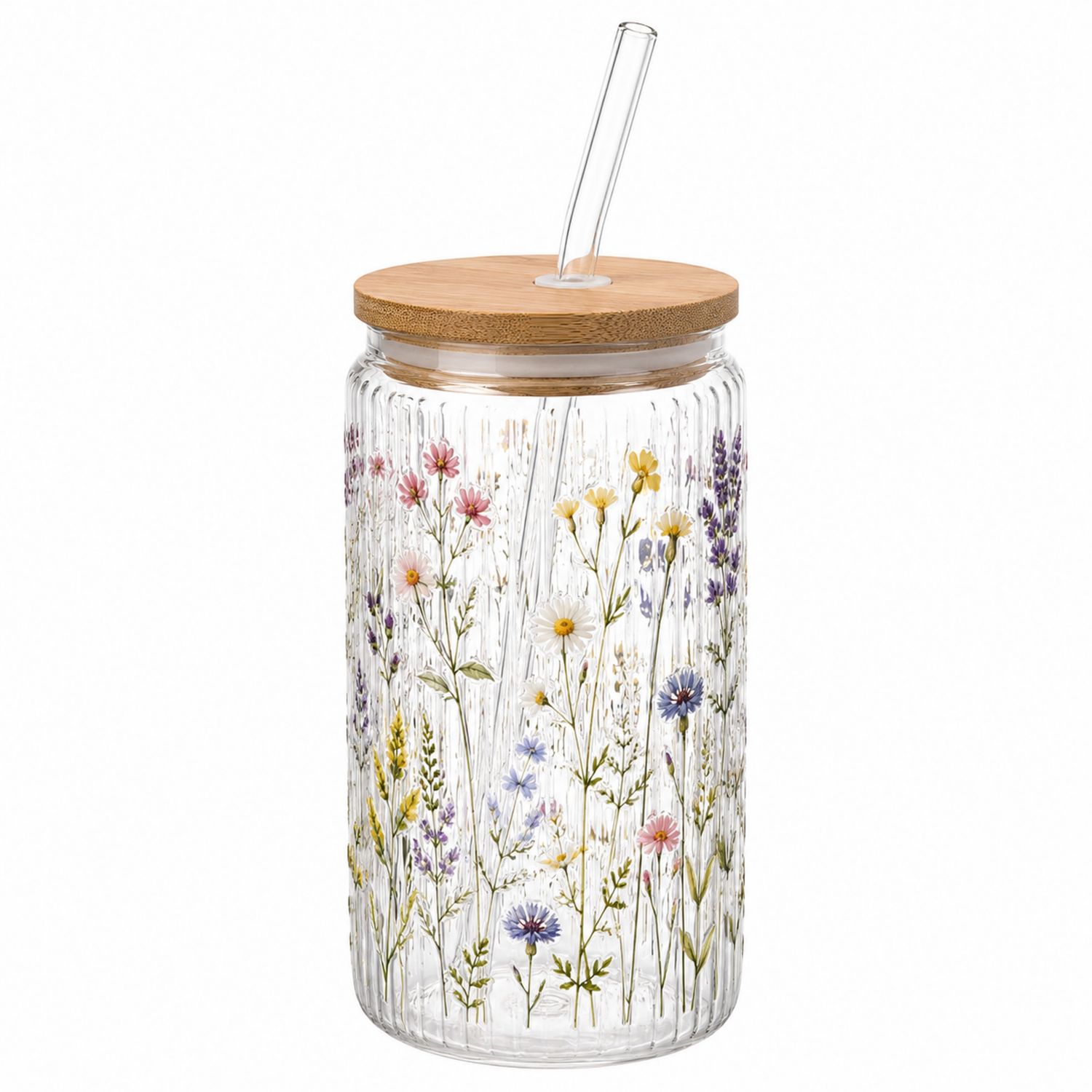 Glas Trinkbecher mit Bambusdeckel und Blumenmuster 500ml