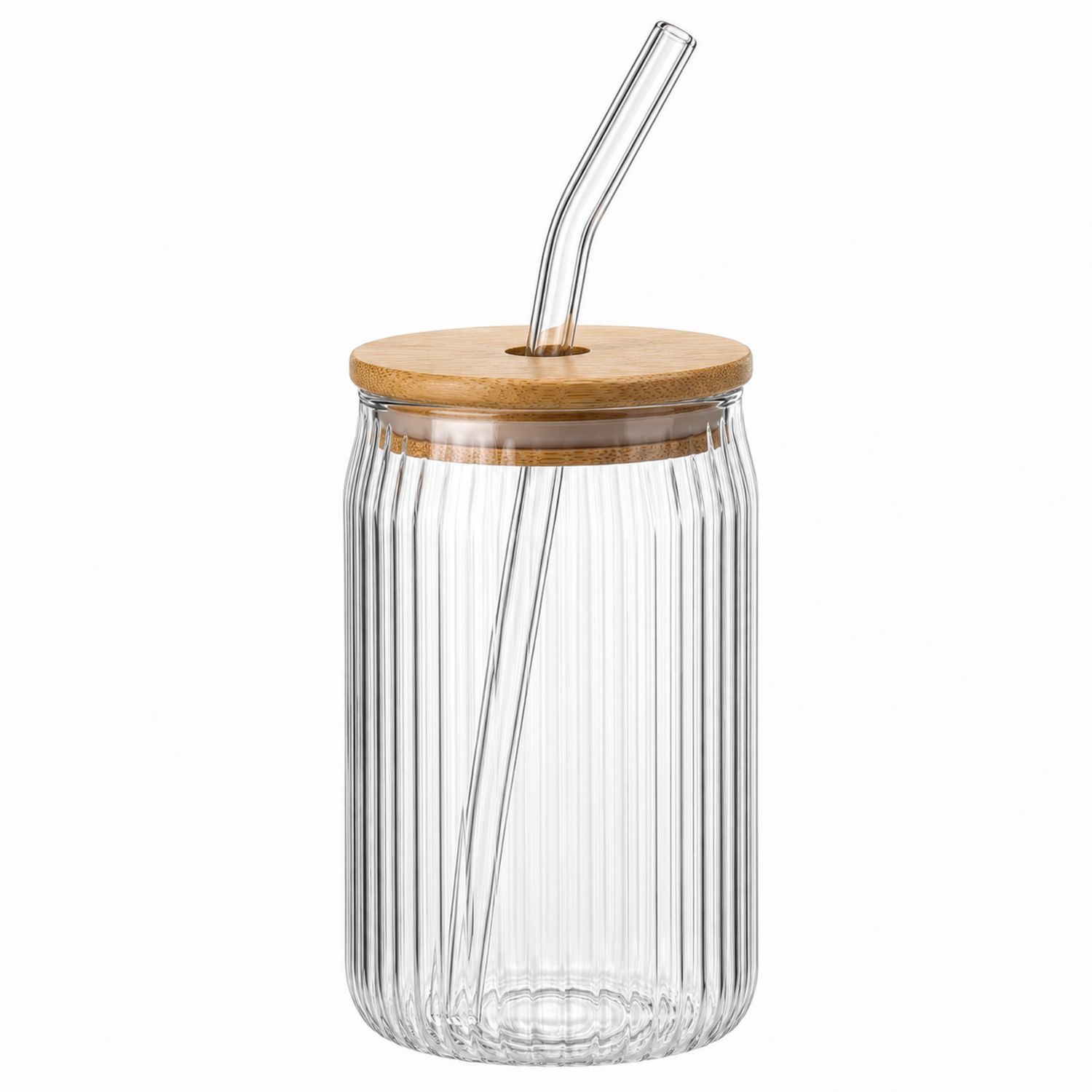 Riffelglas mit Bambusdeckel und Strohhalm 500ml - Klar