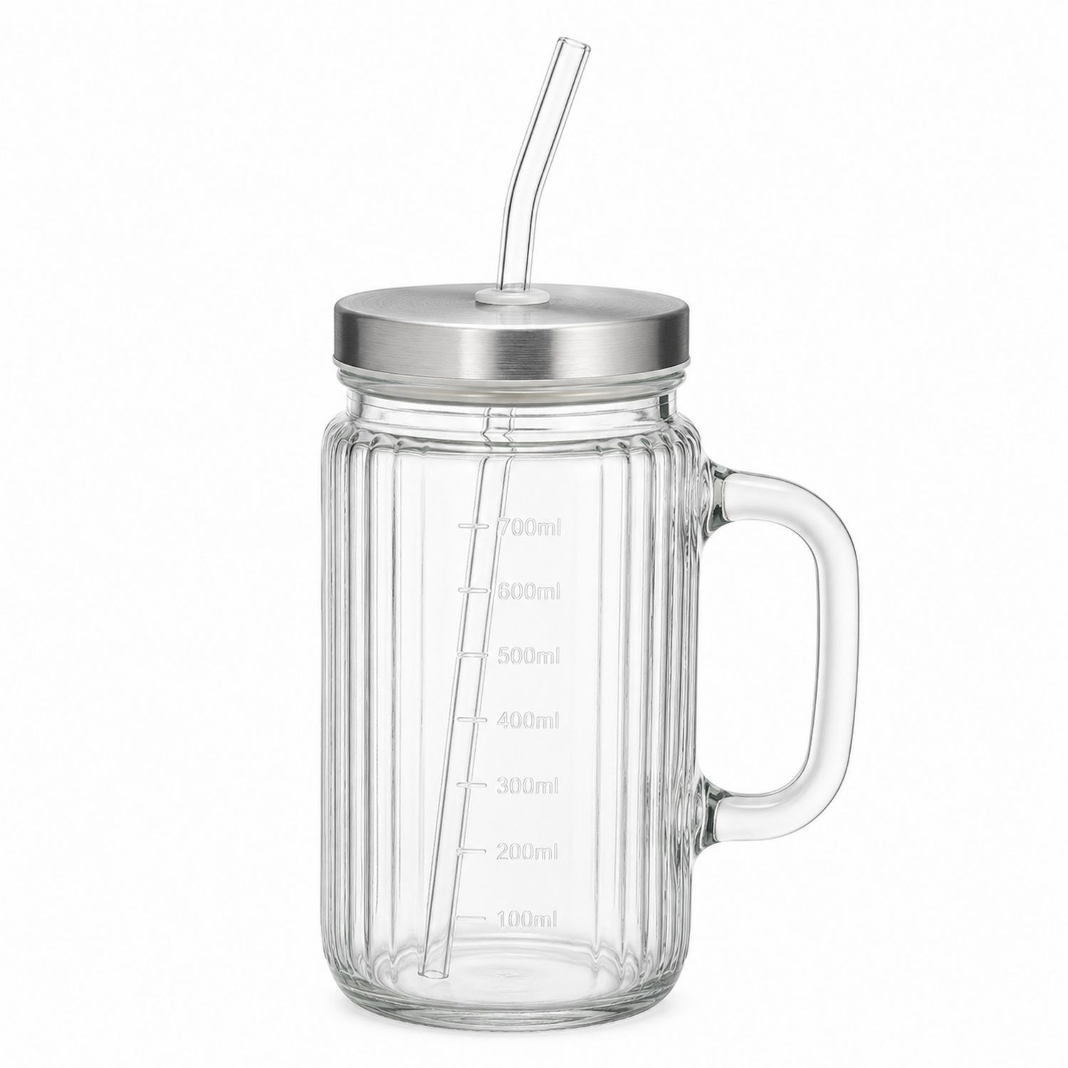 Trinkglas mit Griff, Edelstahl-Deckel und Strohhalm 700 ml